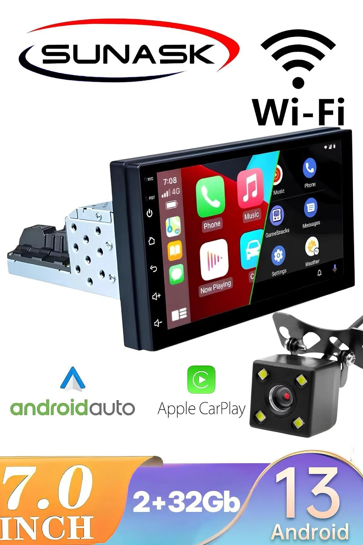 Sunask Sn-7700A 7inç 2gb Ram 32gb Hafıza Android Tek Din Carplay Multimedya Oto Teyp Wi-fi Park Kamera