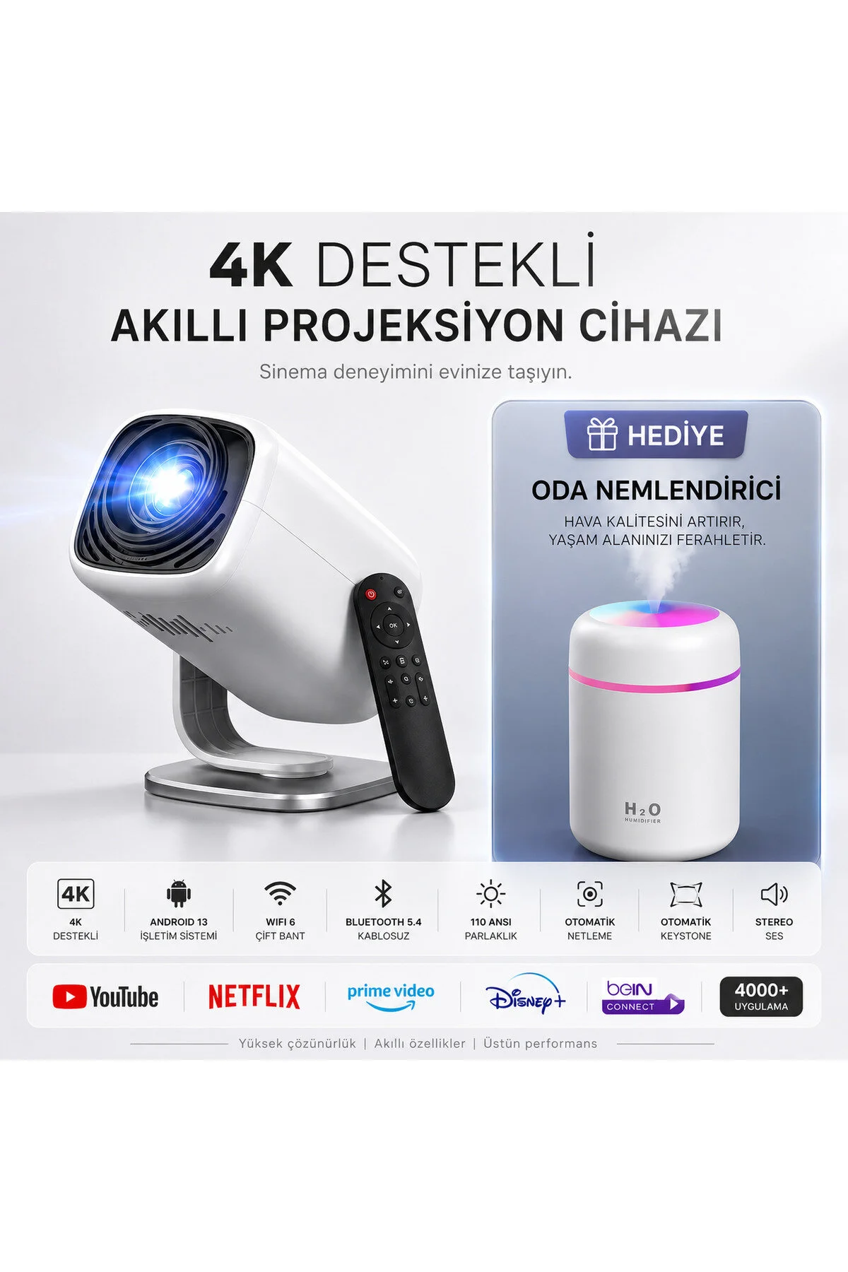TARÇIN 4K Destekli Yeni Nesil Taşınabilir Akıllı Projektör -Oda Nemlendirici Hediyeli!- WiFi 6 Ultra Hızlı Bağlantı, Sinema Keyfi