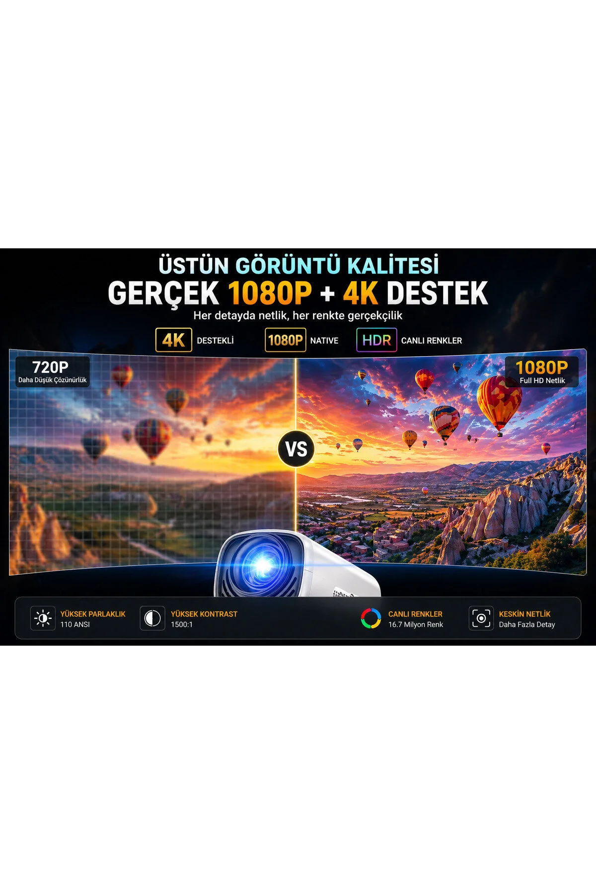 TARÇIN 4K Destekli Yeni Nesil Taşınabilir Akıllı Projektör -Oda Nemlendirici Hediyeli!- WiFi 6 Ultra Hızlı Bağlantı, Sinema Keyfi