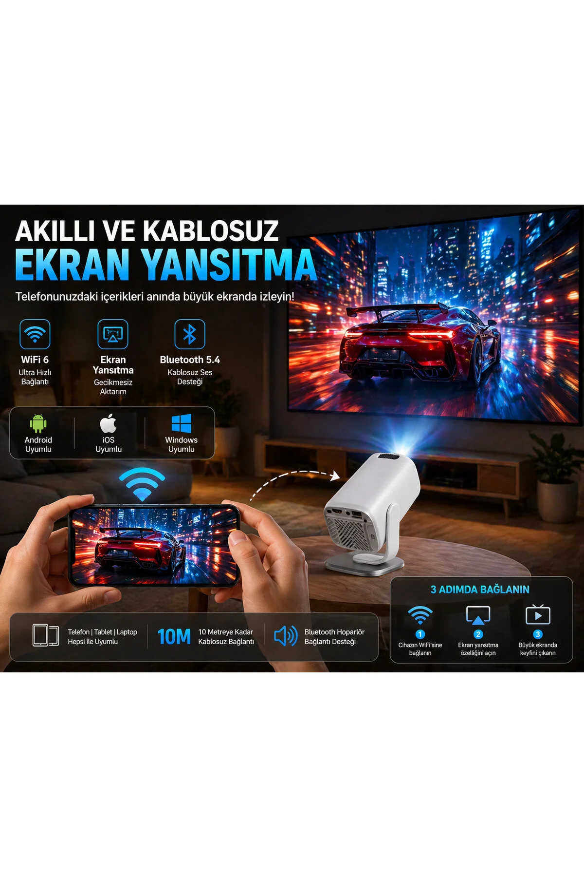 TARÇIN 4K Destekli Yeni Nesil Taşınabilir Akıllı Projektör -Oda Nemlendirici Hediyeli!- WiFi 6 Ultra Hızlı Bağlantı, Sinema Keyfi