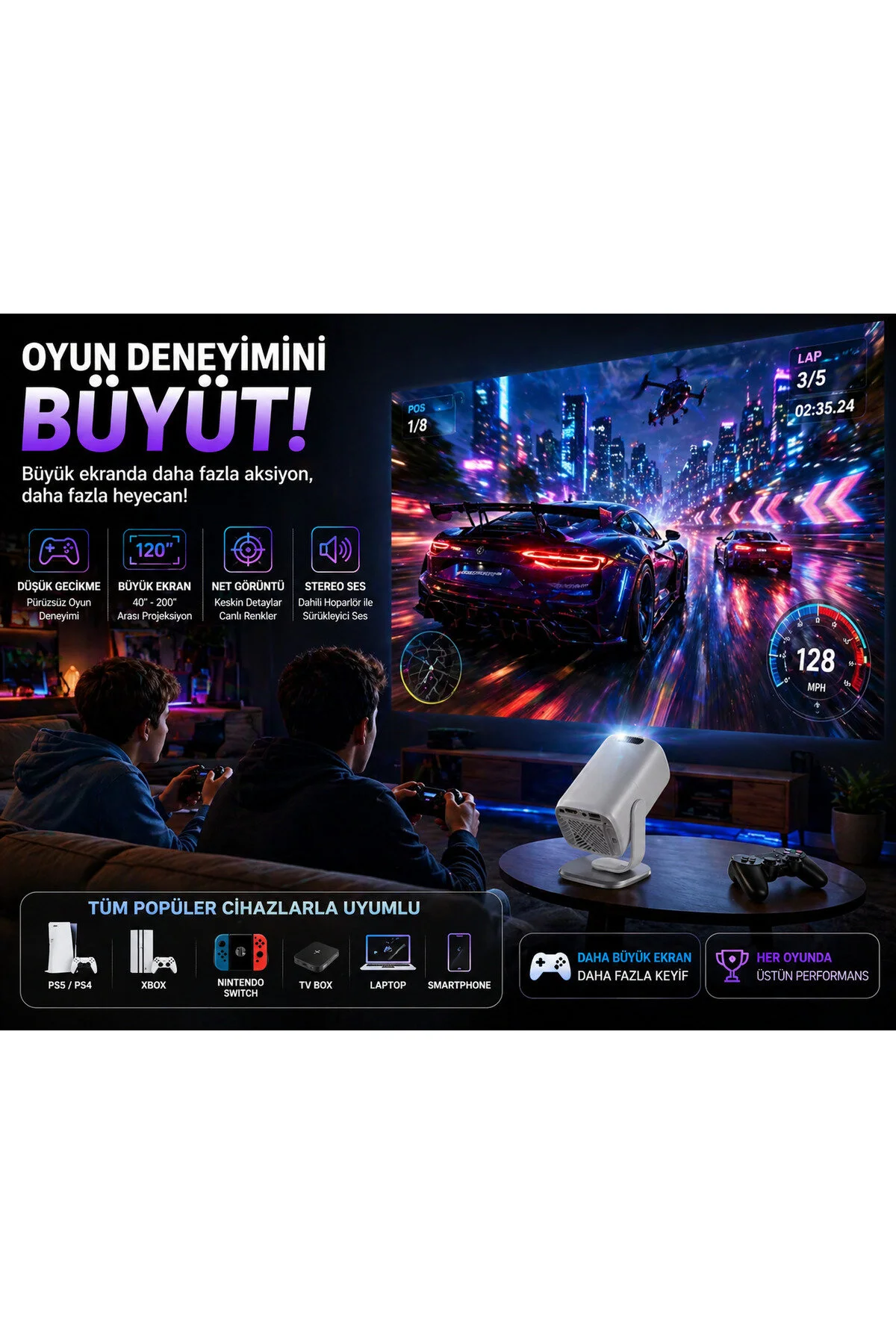 TARÇIN 4K Destekli Yeni Nesil Taşınabilir Akıllı Projektör -Oda Nemlendirici Hediyeli!- WiFi 6 Ultra Hızlı Bağlantı, Sinema Keyfi