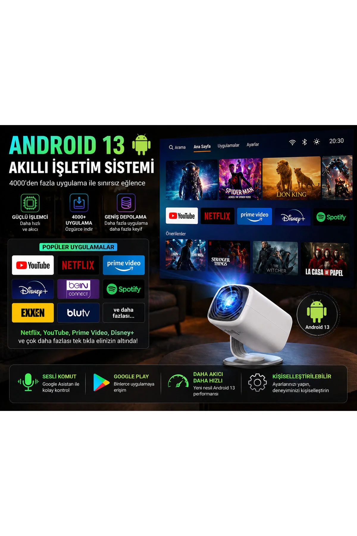 TARÇIN 4K Destekli Yeni Nesil Taşınabilir Akıllı Projektör -Oda Nemlendirici Hediyeli!- WiFi 6 Ultra Hızlı Bağlantı, Sinema Keyfi