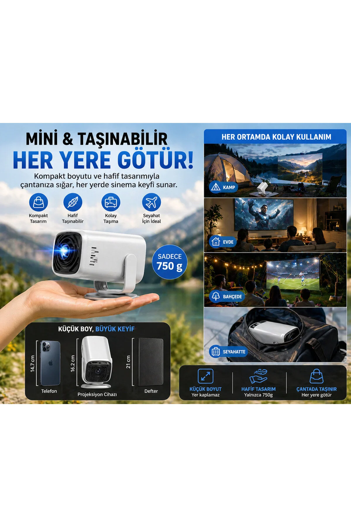 TARÇIN 4K Destekli Yeni Nesil Taşınabilir Akıllı Projektör -Oda Nemlendirici Hediyeli!- WiFi 6 Ultra Hızlı Bağlantı, Sinema Keyfi