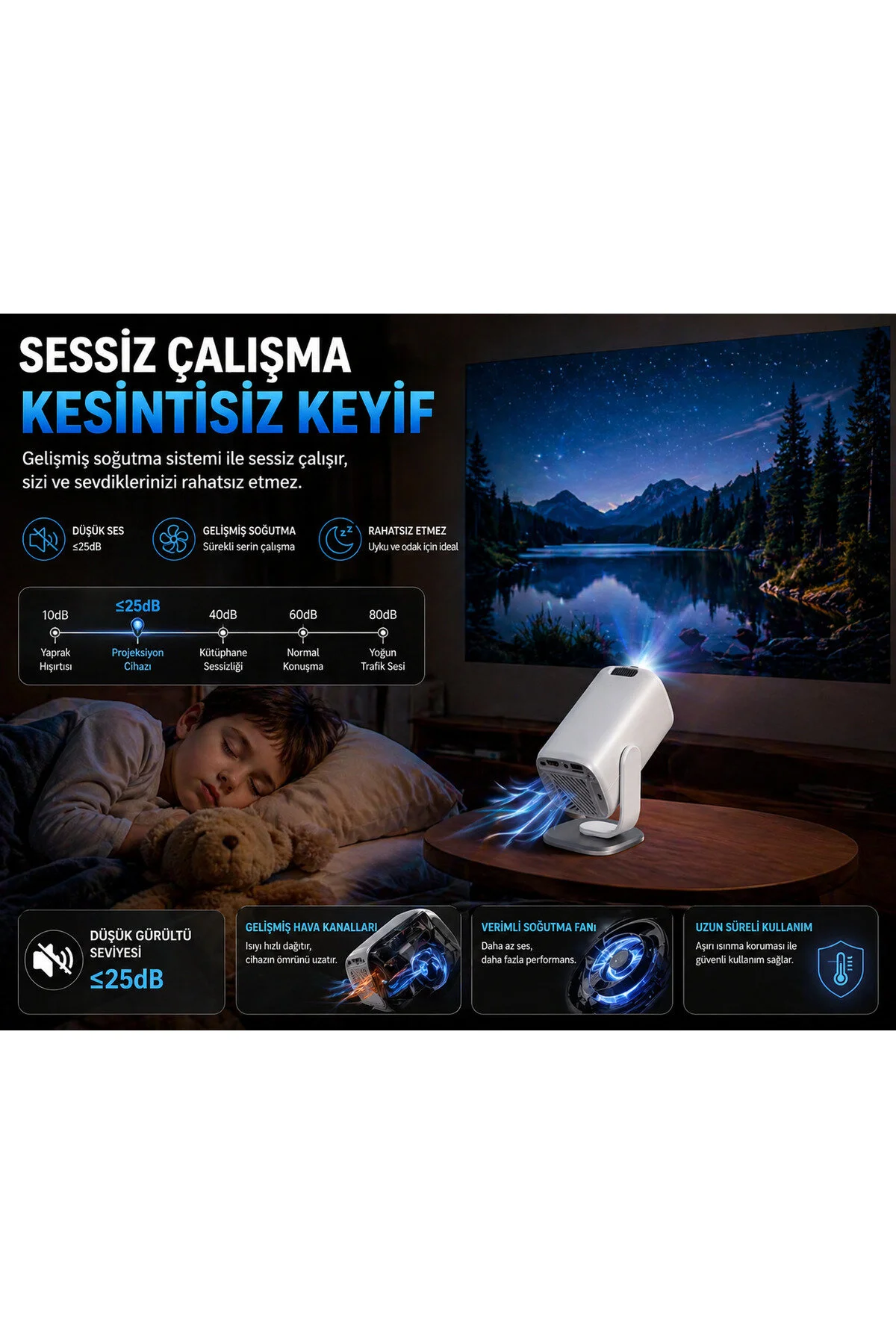 TARÇIN 4K Destekli Yeni Nesil Taşınabilir Akıllı Projektör -Oda Nemlendirici Hediyeli!- WiFi 6 Ultra Hızlı Bağlantı, Sinema Keyfi