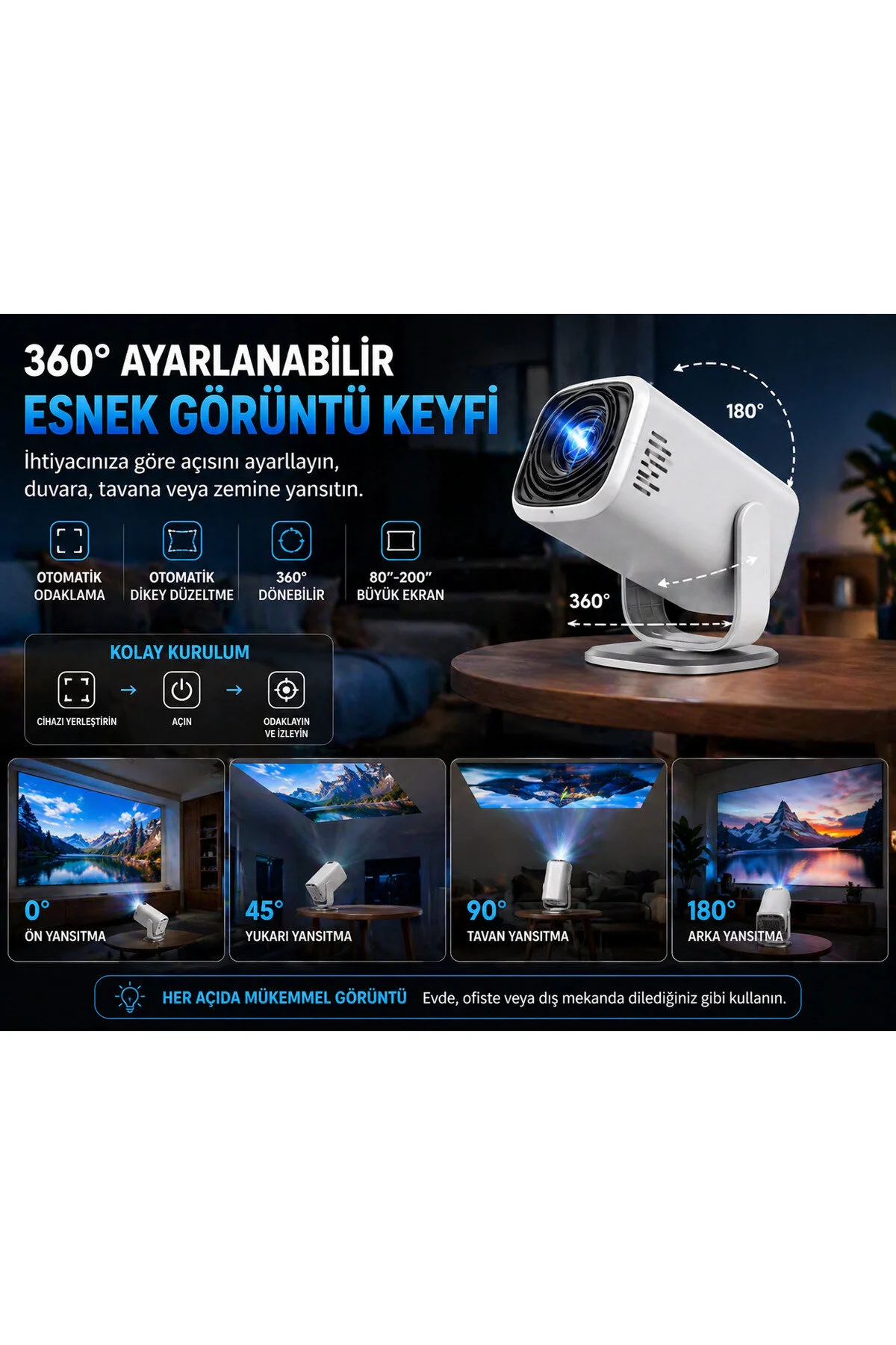 TARÇIN 4K Destekli Yeni Nesil Taşınabilir Akıllı Projektör -Oda Nemlendirici Hediyeli!- WiFi 6 Ultra Hızlı Bağlantı, Sinema Keyfi