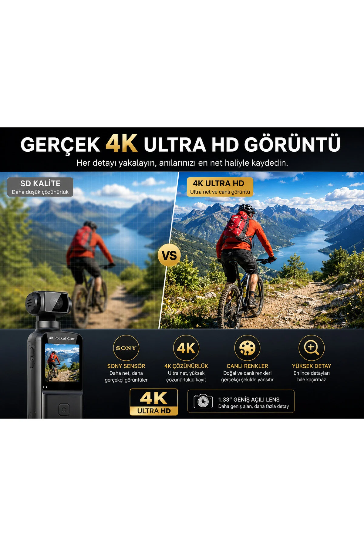 TARÇIN 4K Ultra HD Mini Aksiyon Kamerası | Wi-Fi , 270° Döner Lens, EIS Stabilizasyon