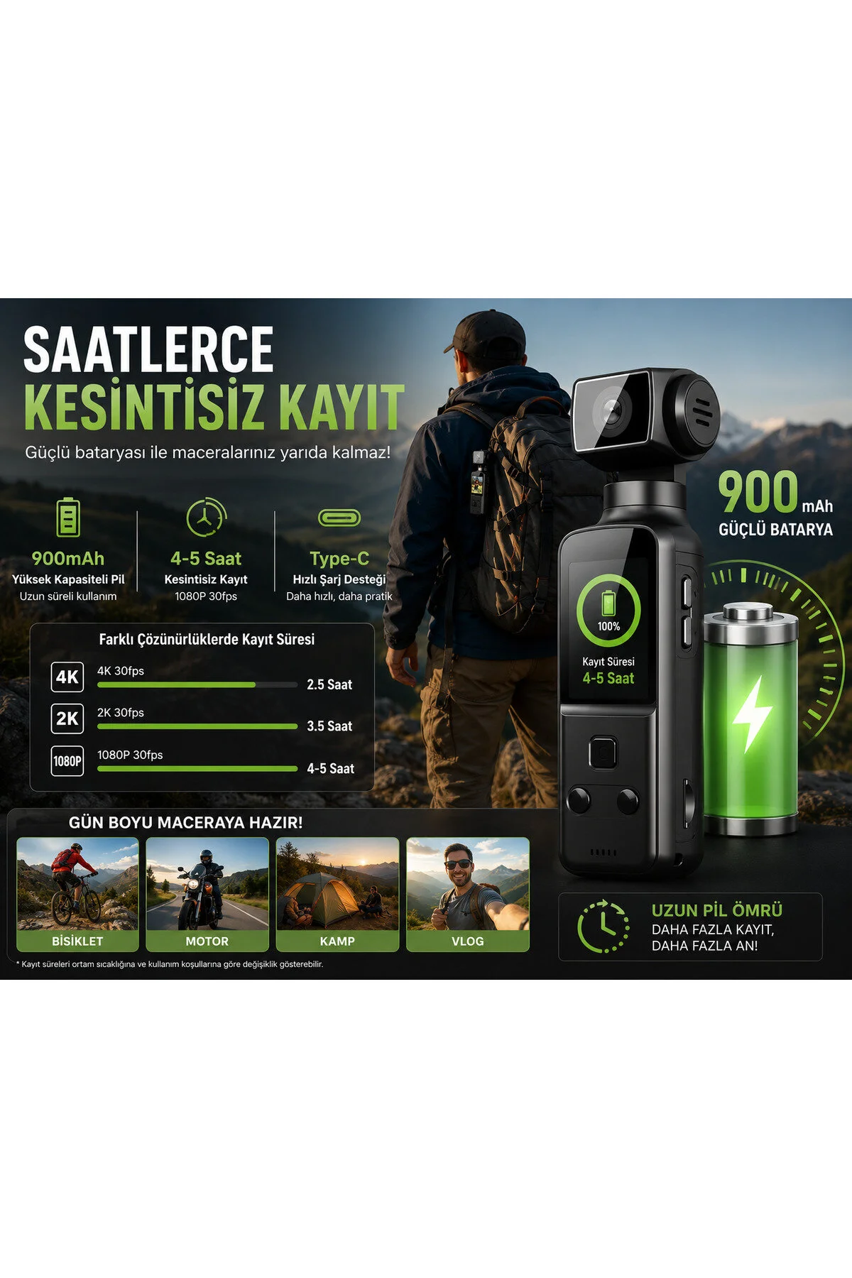 TARÇIN 4K Ultra HD Mini Aksiyon Kamerası | Wi-Fi , 270° Döner Lens, EIS Stabilizasyon