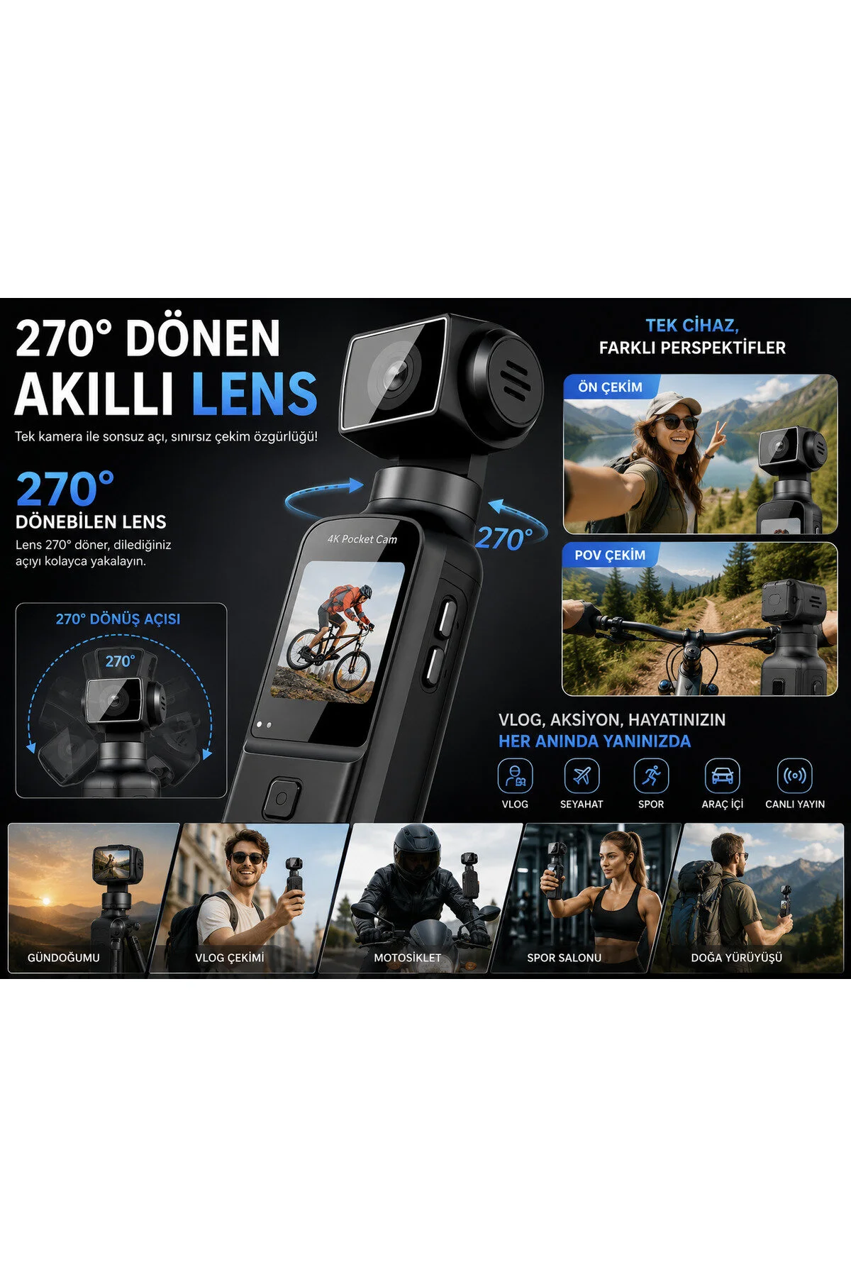 TARÇIN 4K Ultra HD Mini Aksiyon Kamerası | Wi-Fi , 270° Döner Lens, EIS Stabilizasyon