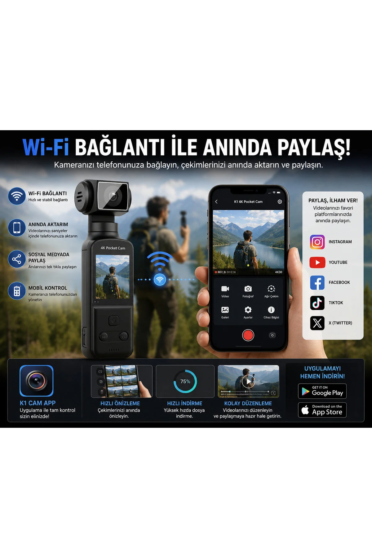 TARÇIN 4K Ultra HD Mini Aksiyon Kamerası | Wi-Fi , 270° Döner Lens, EIS Stabilizasyon