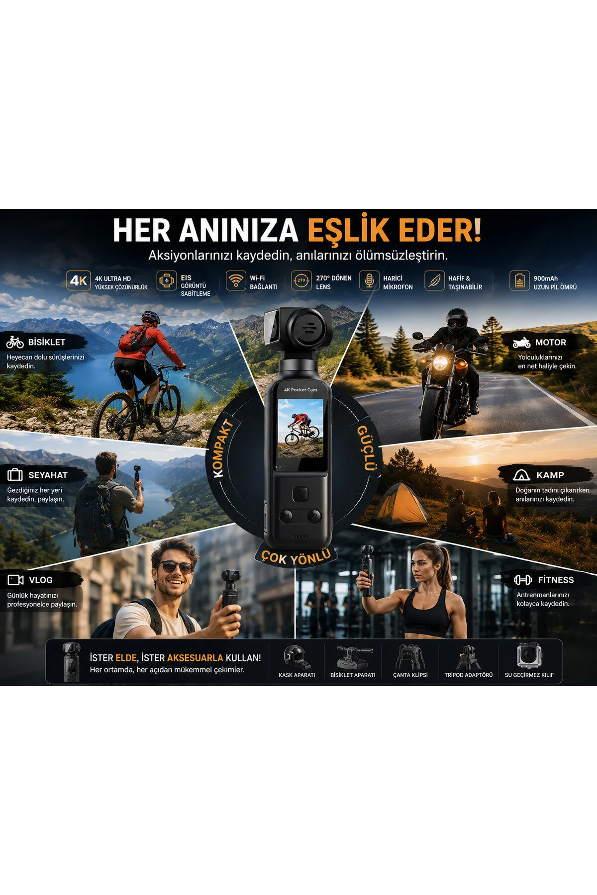 TARÇIN 4K Ultra HD Mini Aksiyon Kamerası | Wi-Fi , 270° Döner Lens, EIS Stabilizasyon