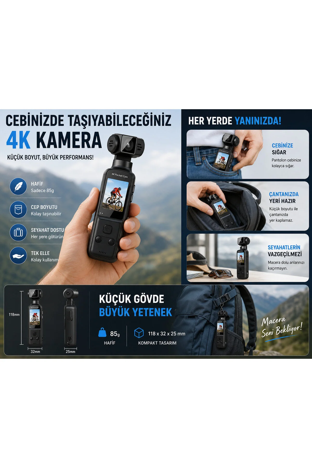 TARÇIN 4K Ultra HD Mini Aksiyon Kamerası | Wi-Fi , 270° Döner Lens, EIS Stabilizasyon