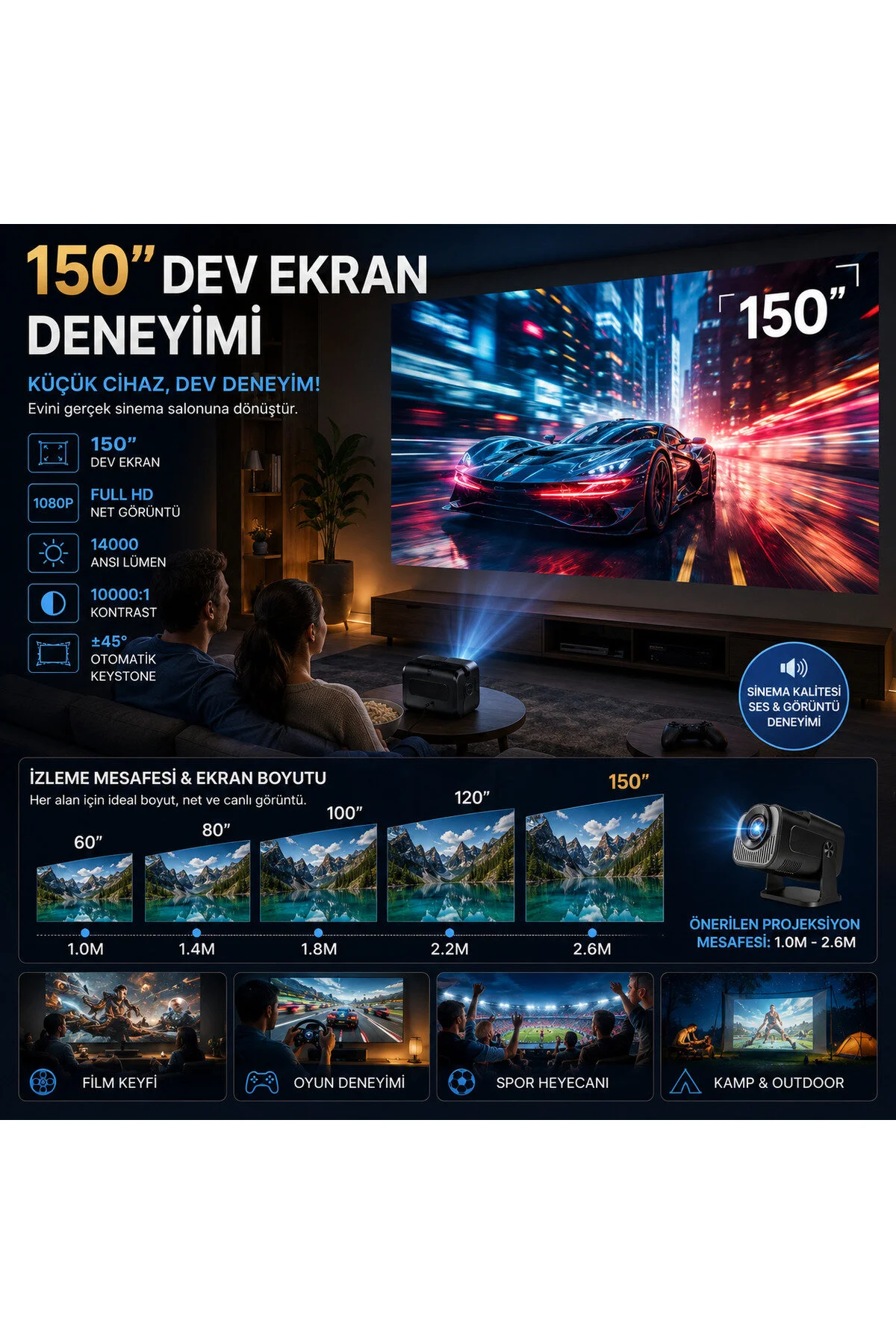 TARÇIN Taşınabilir 4K Destekli Full HD Projektör Oda Nemlendiricisi Hediyeli - 270° Döner Gövde