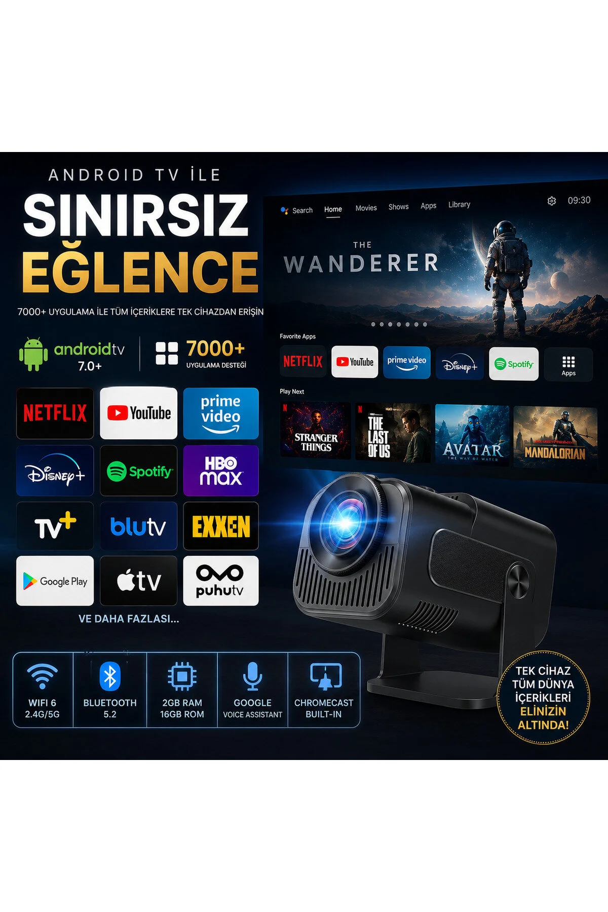 TARÇIN Taşınabilir 4K Destekli Full HD Projektör Oda Nemlendiricisi Hediyeli - 270° Döner Gövde