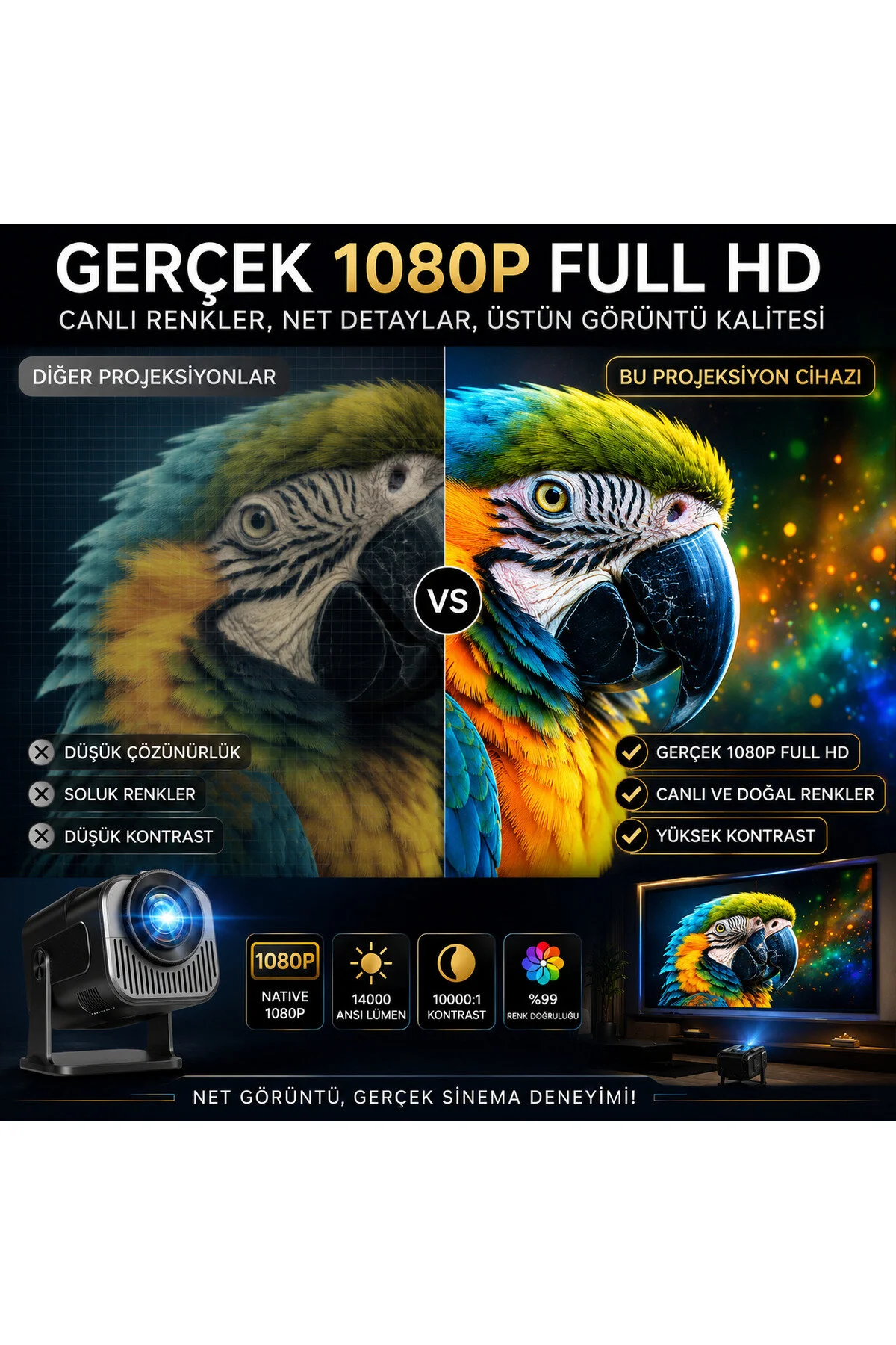 TARÇIN Taşınabilir 4K Destekli Full HD Projektör Oda Nemlendiricisi Hediyeli - 270° Döner Gövde