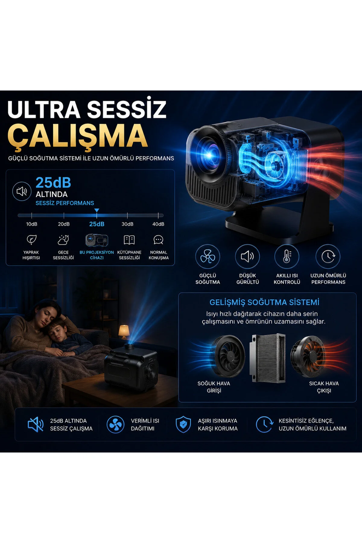 TARÇIN Taşınabilir 4K Destekli Full HD Projektör Oda Nemlendiricisi Hediyeli - 270° Döner Gövde