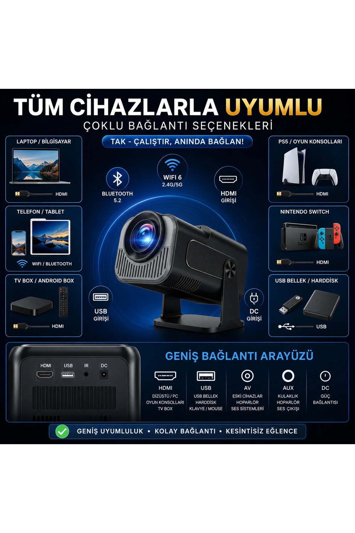 TARÇIN Taşınabilir 4K Destekli Full HD Projektör Oda Nemlendiricisi Hediyeli - 270° Döner Gövde