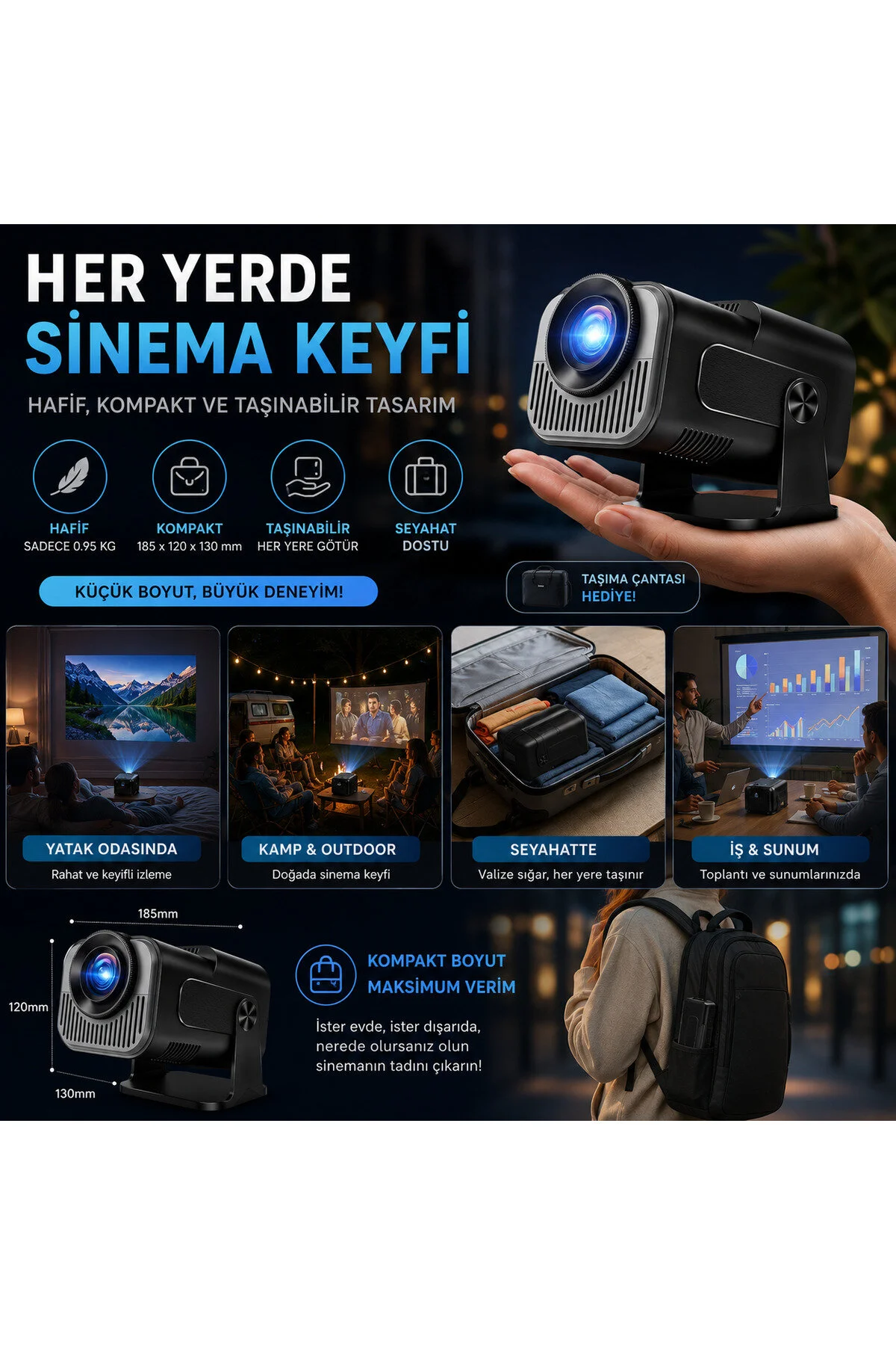 TARÇIN Taşınabilir 4K Destekli Full HD Projektör Oda Nemlendiricisi Hediyeli - 270° Döner Gövde