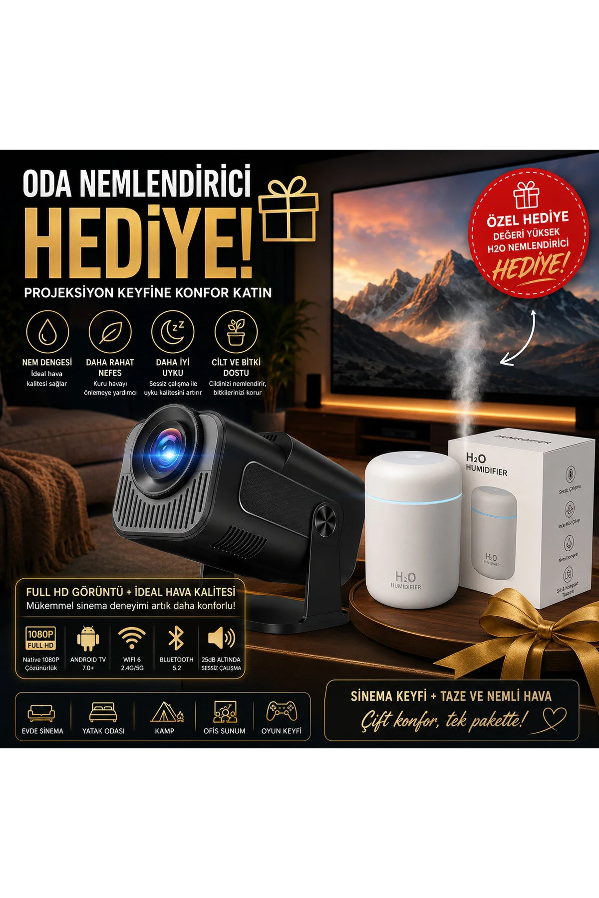 TARÇIN Taşınabilir 4K Destekli Full HD Projektör Oda Nemlendiricisi Hediyeli - 270° Döner Gövde