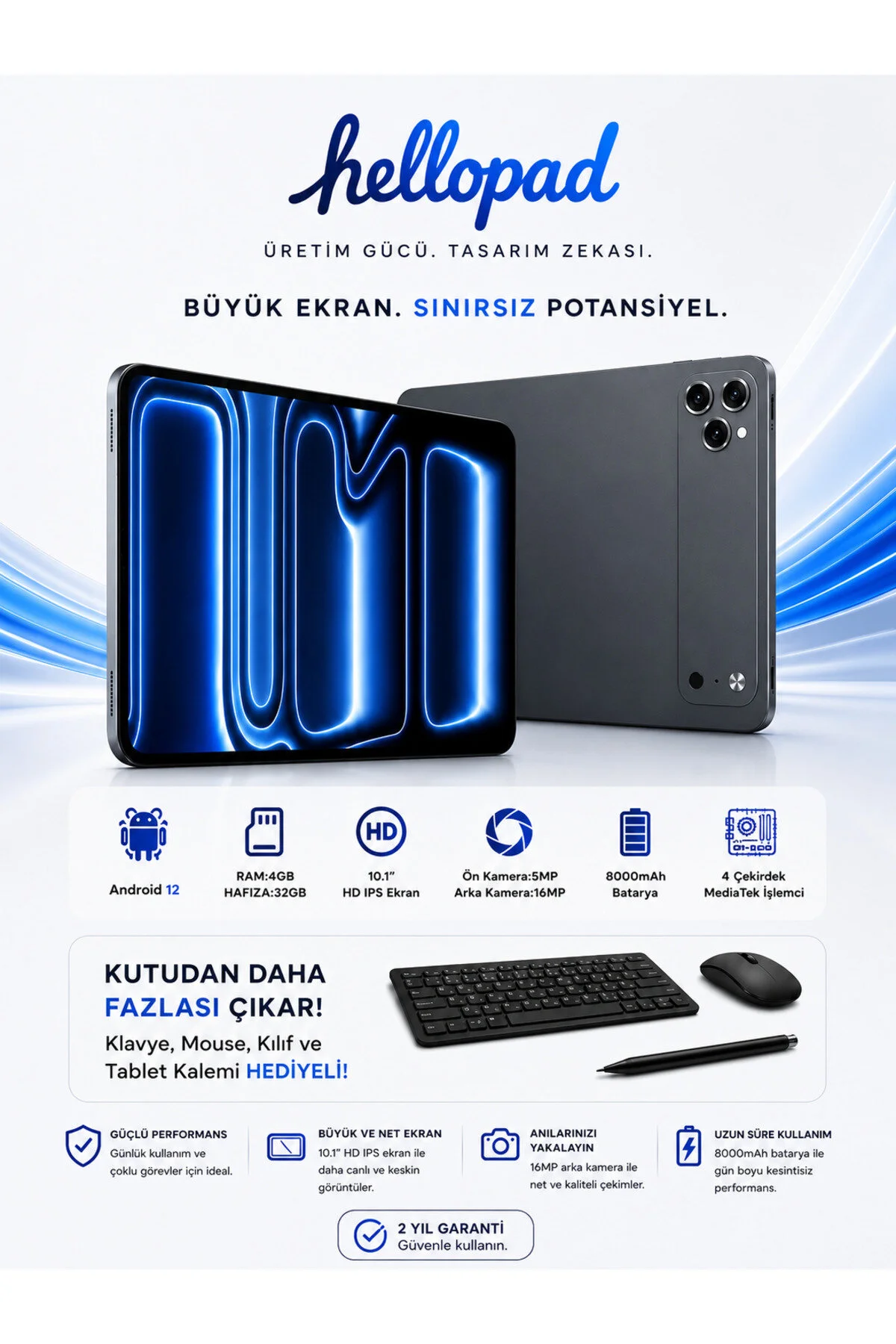 TARÇIN Teknomie Tab 4GB RAM 32GB Hafıza Klavyeli Kılıf + Bluetooth Mouse Hediyeli