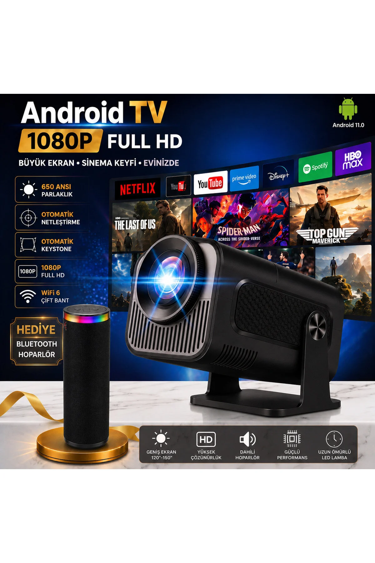 TARÇIN Teknomie Ultra HD Yeni Nesil Akıllı Prokesiyon Cihazı, Otomatik Ayarlama, Dahili Hoparlör