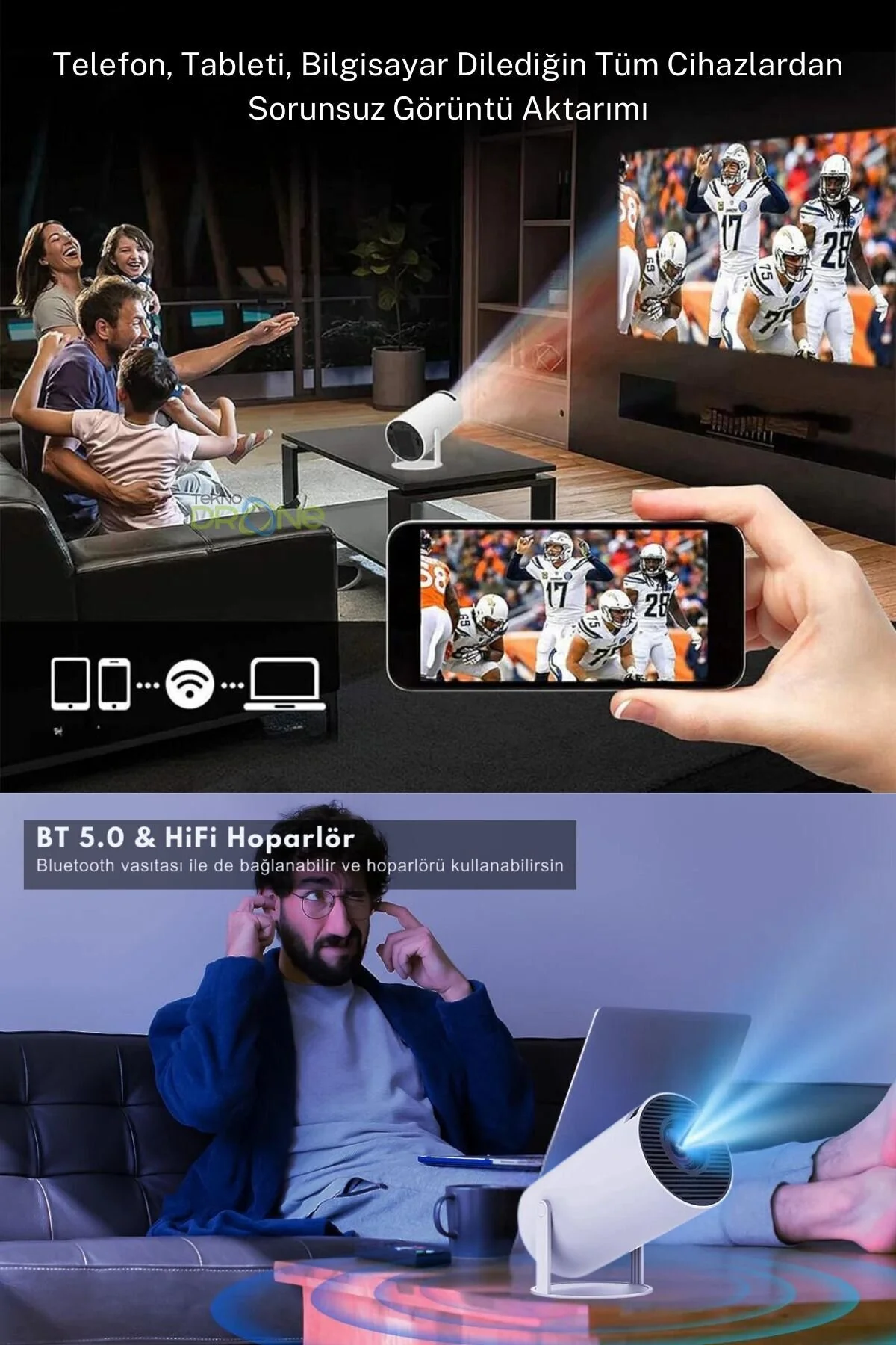 Teknodrone Taşınabilir Android Projeksiyon En Güncel Versiyon Wifi Destekli Akıllı Sinema Projektör Ultra Hd
