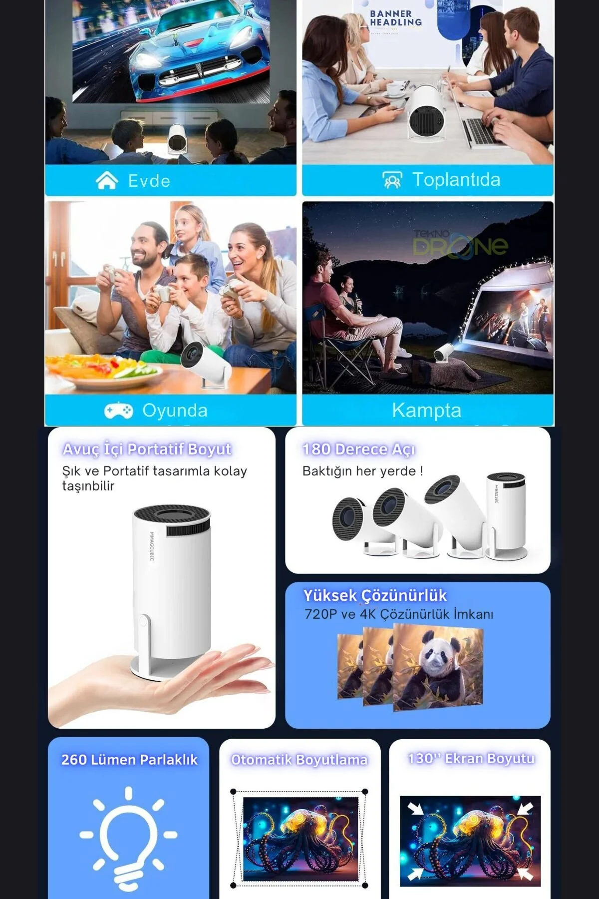 Teknodrone Taşınabilir Android Projeksiyon En Güncel Versiyon Wifi Destekli Akıllı Sinema Projektör Ultra Hd