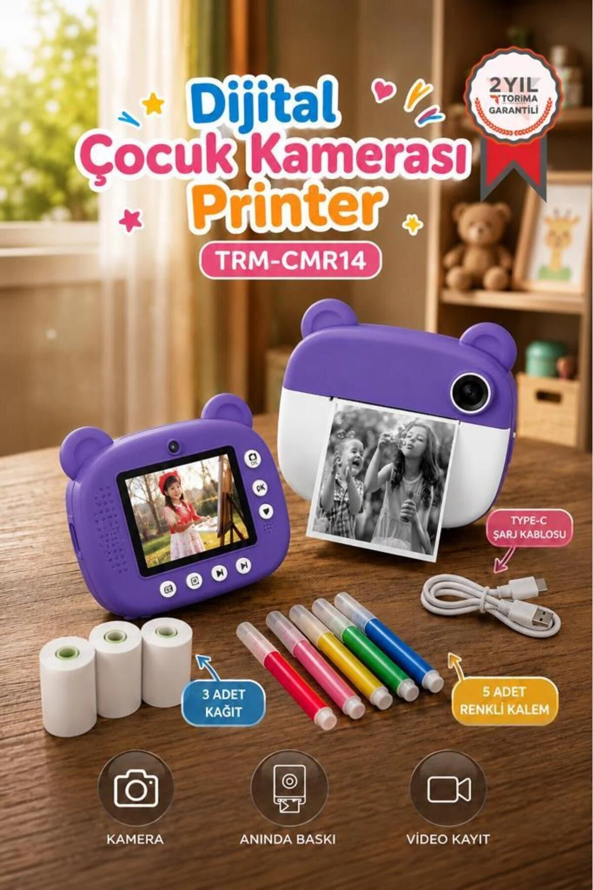 Torima Dijital Fotoğraf Makinesi Çocuk Termal Resim Kağıt Baskılı Yazıcı Kamera Makinesi CMR14 Mor