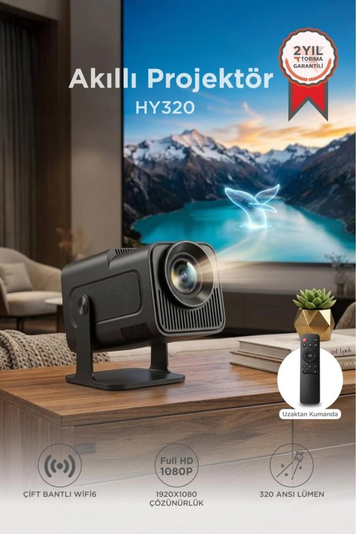 Torima Projeksiyon Cihazı Taşınabilir Ev Sinema 4K 1080P Android Akıllı Projektör HY320 Siyah