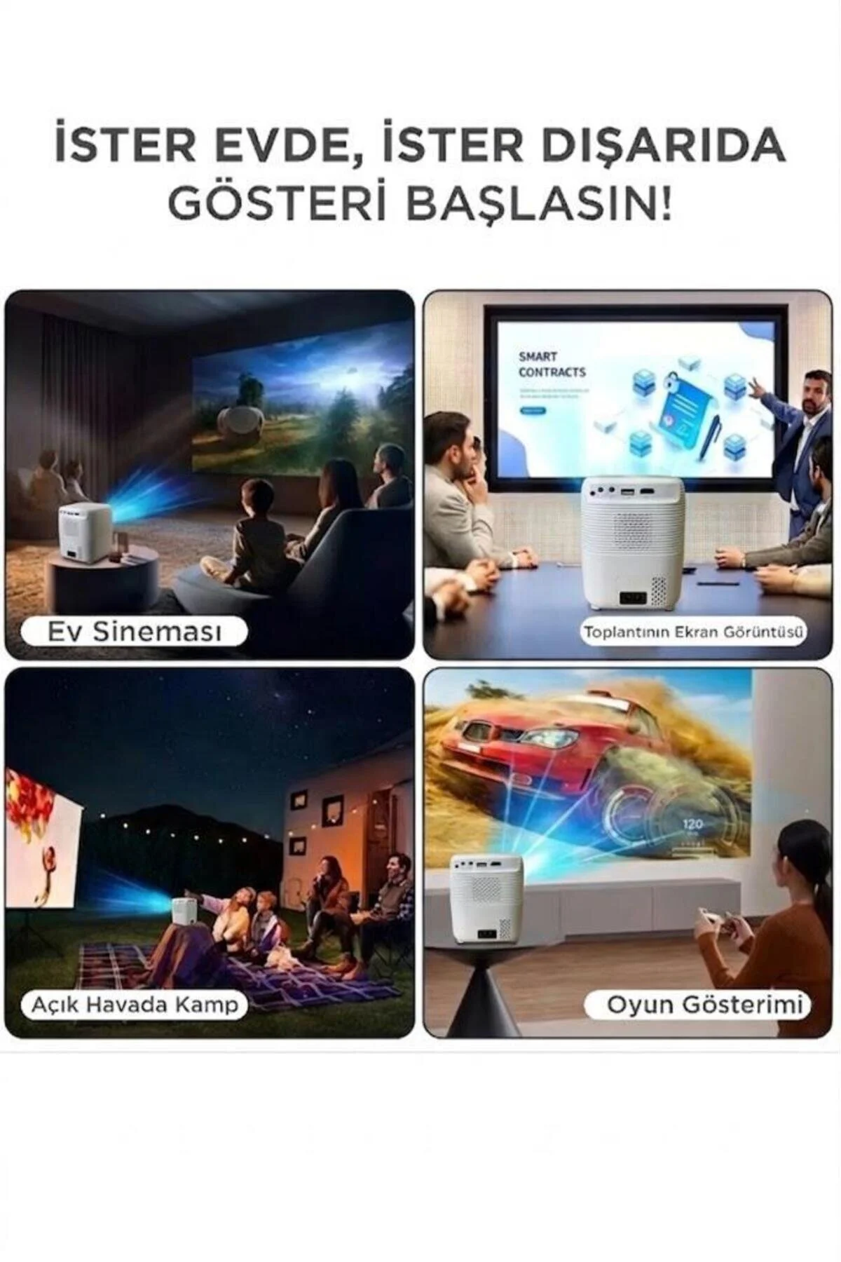 Torima Projeksiyon Cihazı Taşınabilir Ev Sineması 4K 1080P Bluetooth Android Akıllı Projektör T11 Beyaz