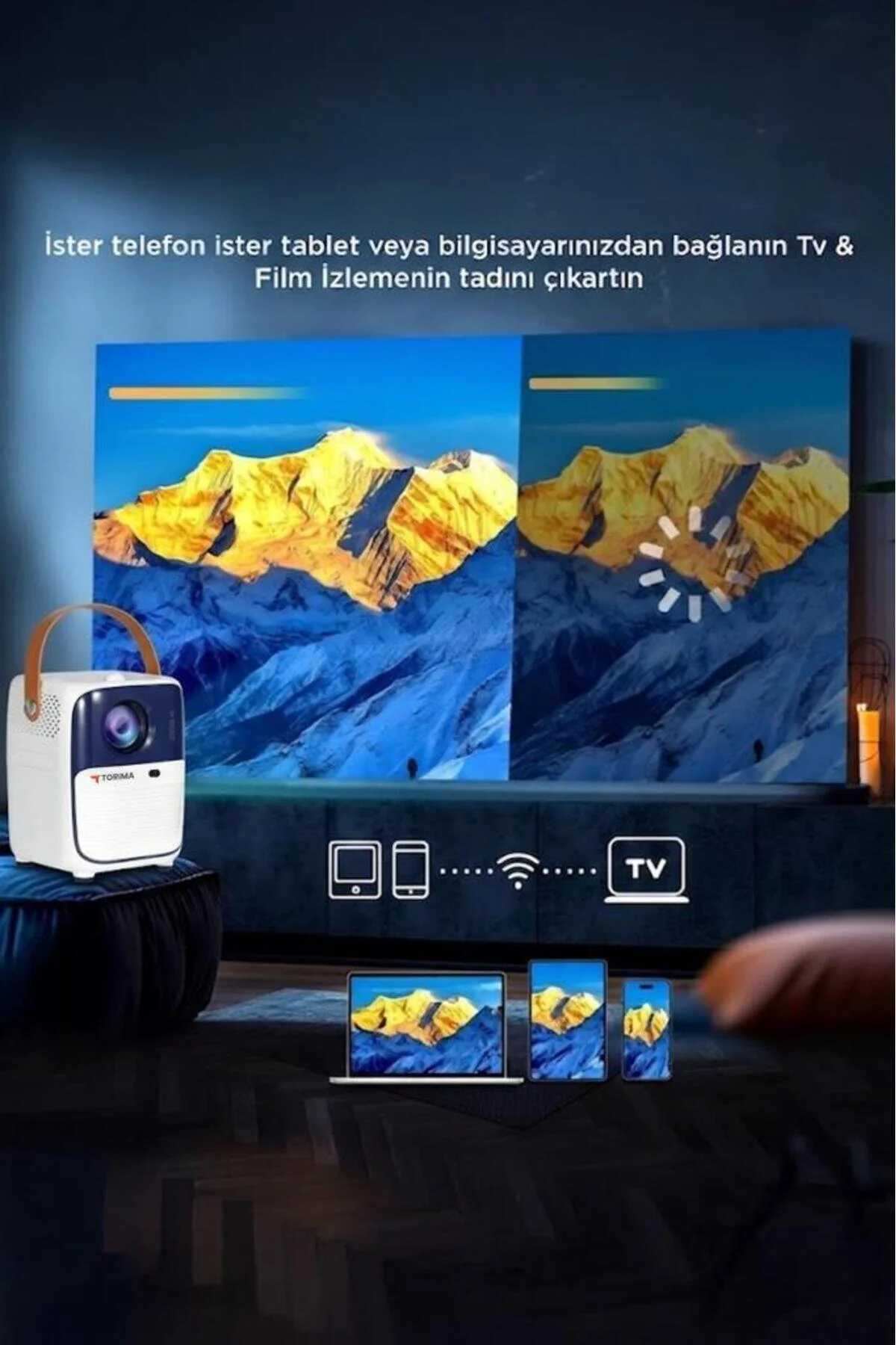 Torima Projeksiyon Cihazı Taşınabilir Ev Sineması 4K 1080P Bluetooth Android Akıllı Projektör T11 Beyaz