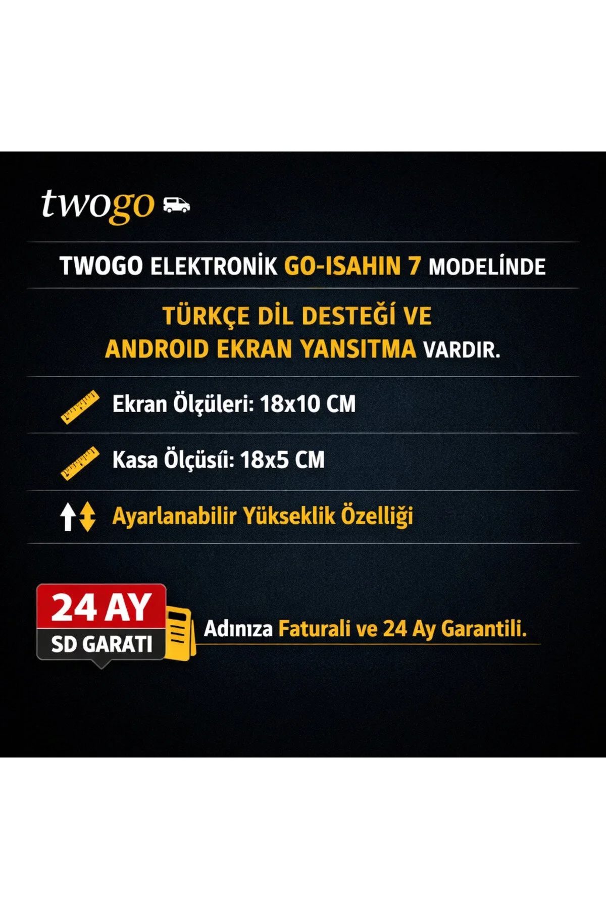 Twogo Şahin Double Teyp 7inç 4x50w Mirrorlink Bt/usb/sd/mp5/aux/fm + Kamera Hediyeli