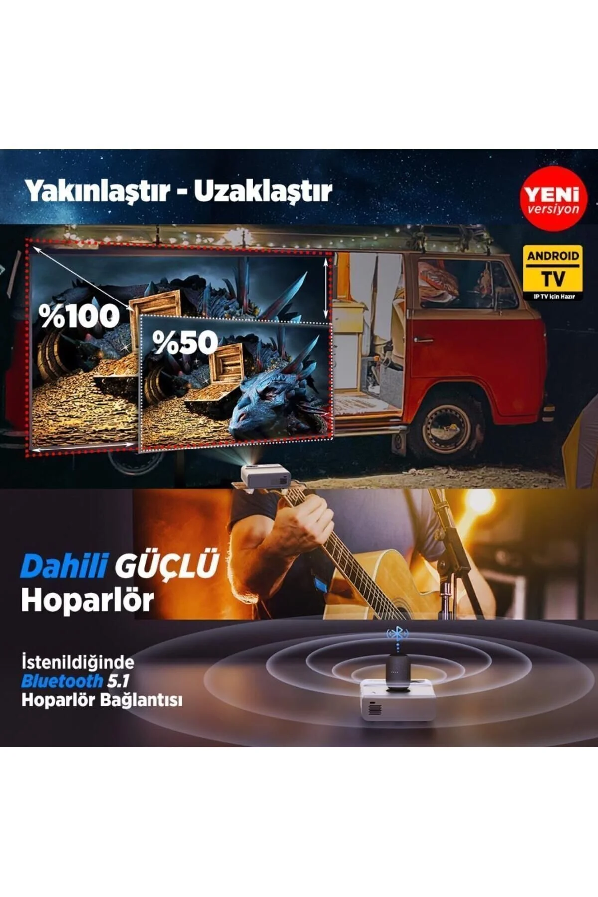 Vankyo Sunspark 500w Android Tv 1080p Destekli Projeksiyon Cihazı 5g Wi-fi 5.1 Bluetooth 240 Inç Yansıtma