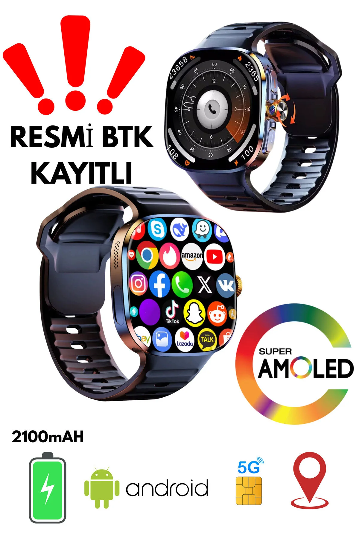 vıonex 5G Android Akıllı Saat SIM Kartlı WiFi NFC GPS AMOLED Ekran Spor ve Sağlık Tracker