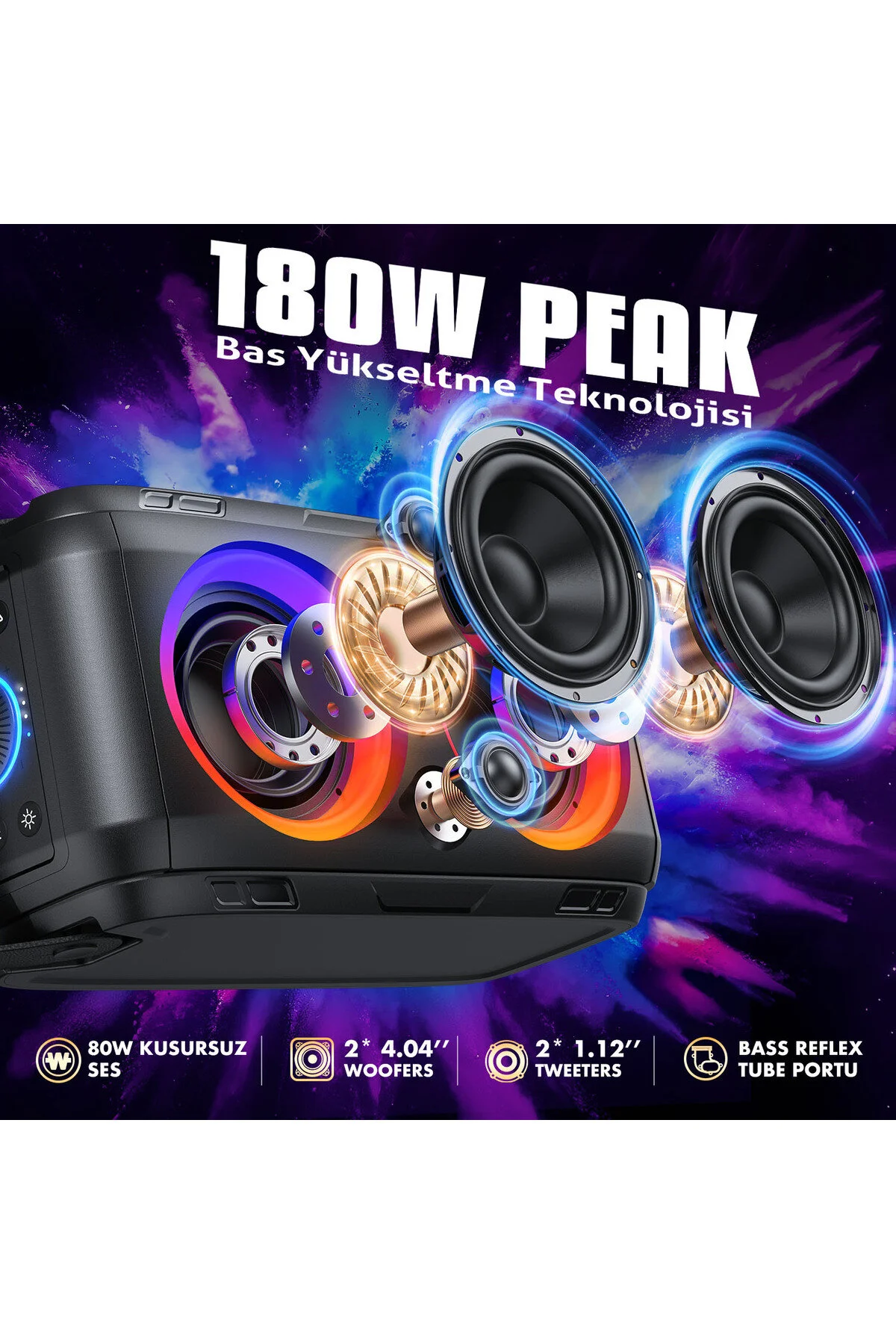 W-KING T9-2 Bluetooth Hoparlör 180W Partybox 24S Dinleme Işıklı Ipx5 Kablosuz Stereo Tws Ses Bombası