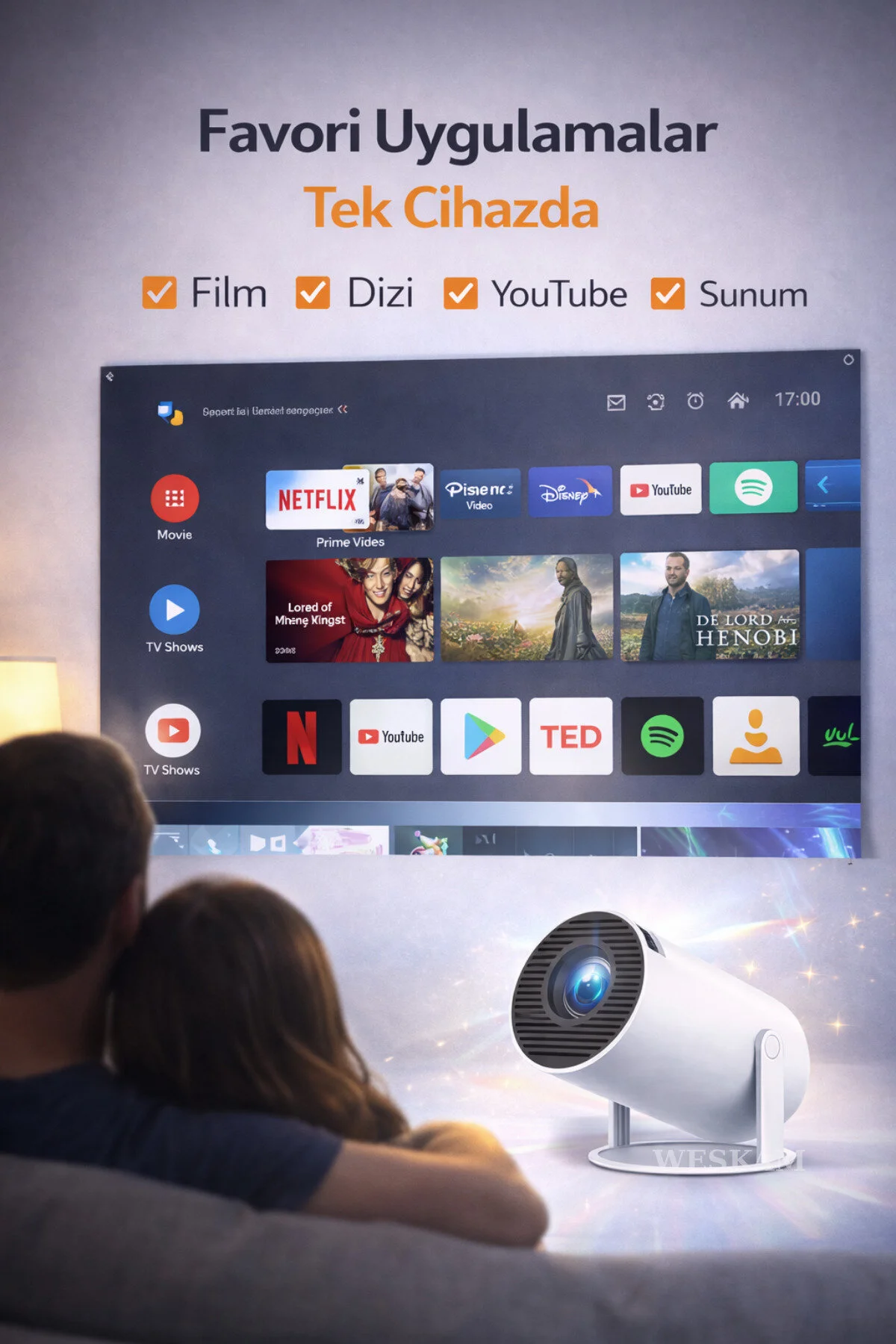 Weskam Android Projeksiyon Cihazı Perde Hediyeli Wifi Destekli Akıllı Sinema Projektör Ultra Hd Güncel