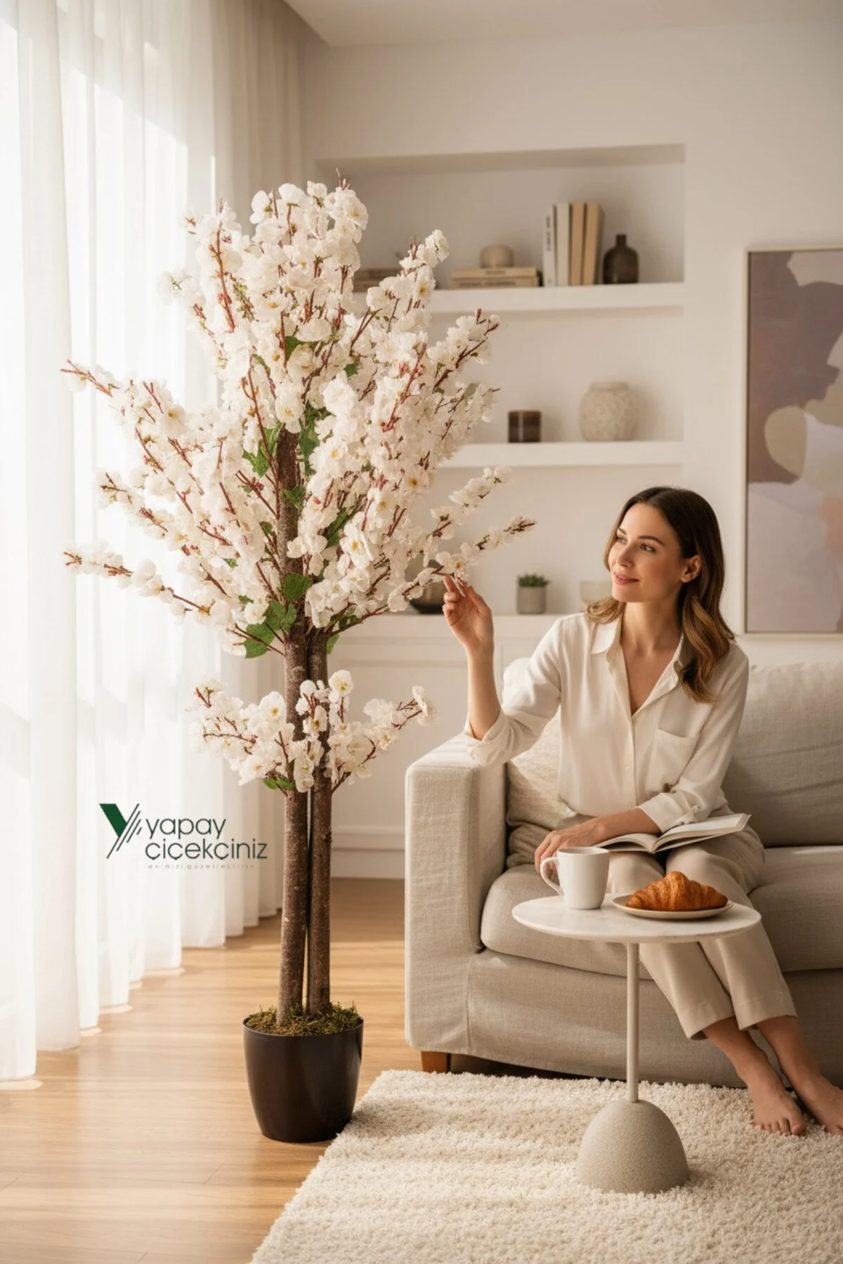 YAPAY ÇİÇEKÇİNİZ 120 Cm Beyaz Bahardalı Ağacı