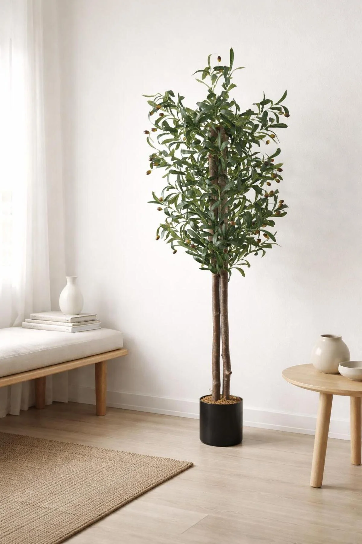 YAPAY ÇİÇEKÇİNİZ Siyah Renkli Saksı Gerçek Gövdeli 150 cm Yapay Zeytin Ağacı