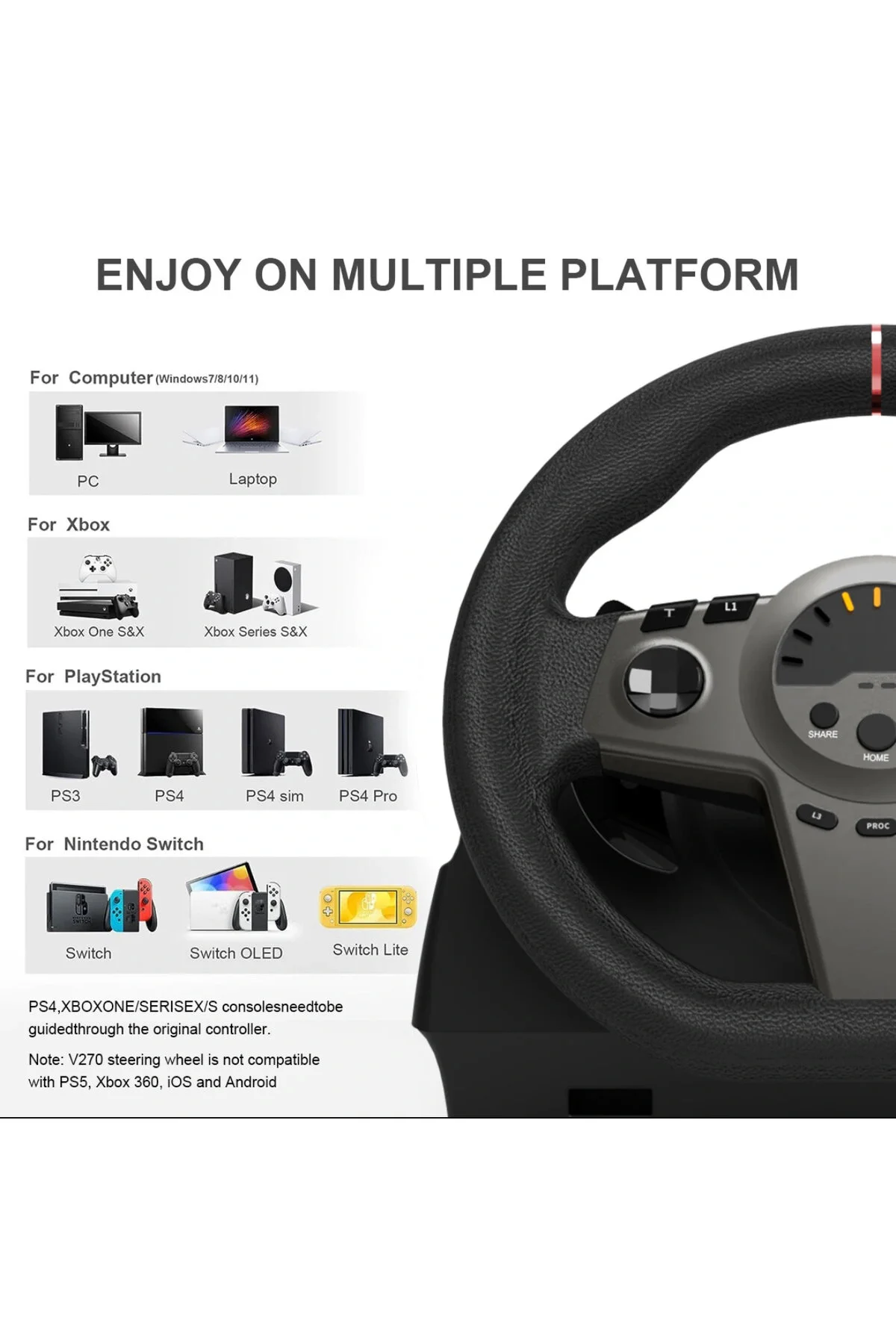 YUES V270 Direksiyon Seti 270° Vitesli Oyun Direksiyonu, PS4 PS3 Xbox X|S/One • Switch • PC Uyumlu