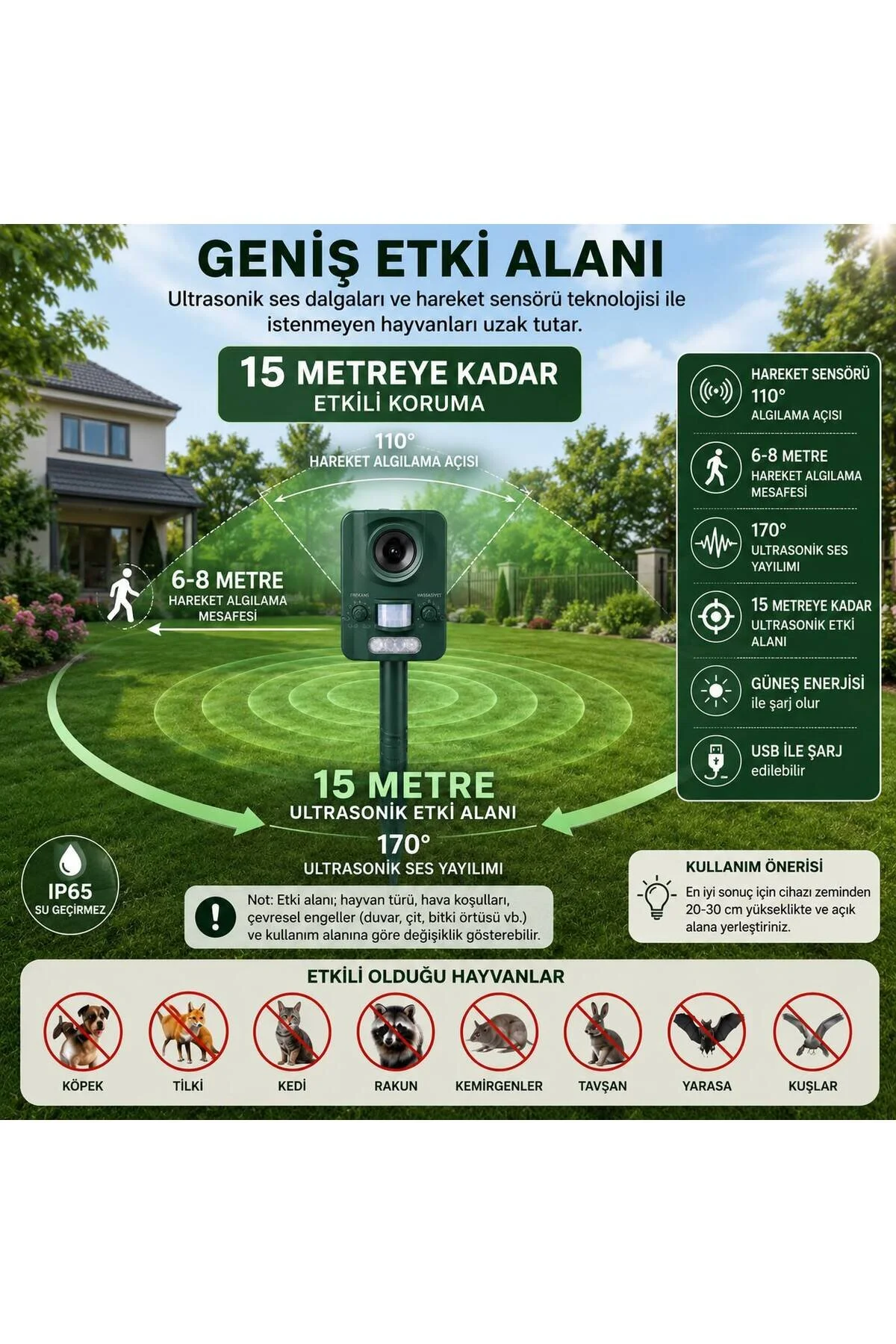 Zigver Ultrasonik Su Geçirmez Güneş Enerjili Hayvan Kovucu Kedi Köpek Tilki Hayvan Kovucu