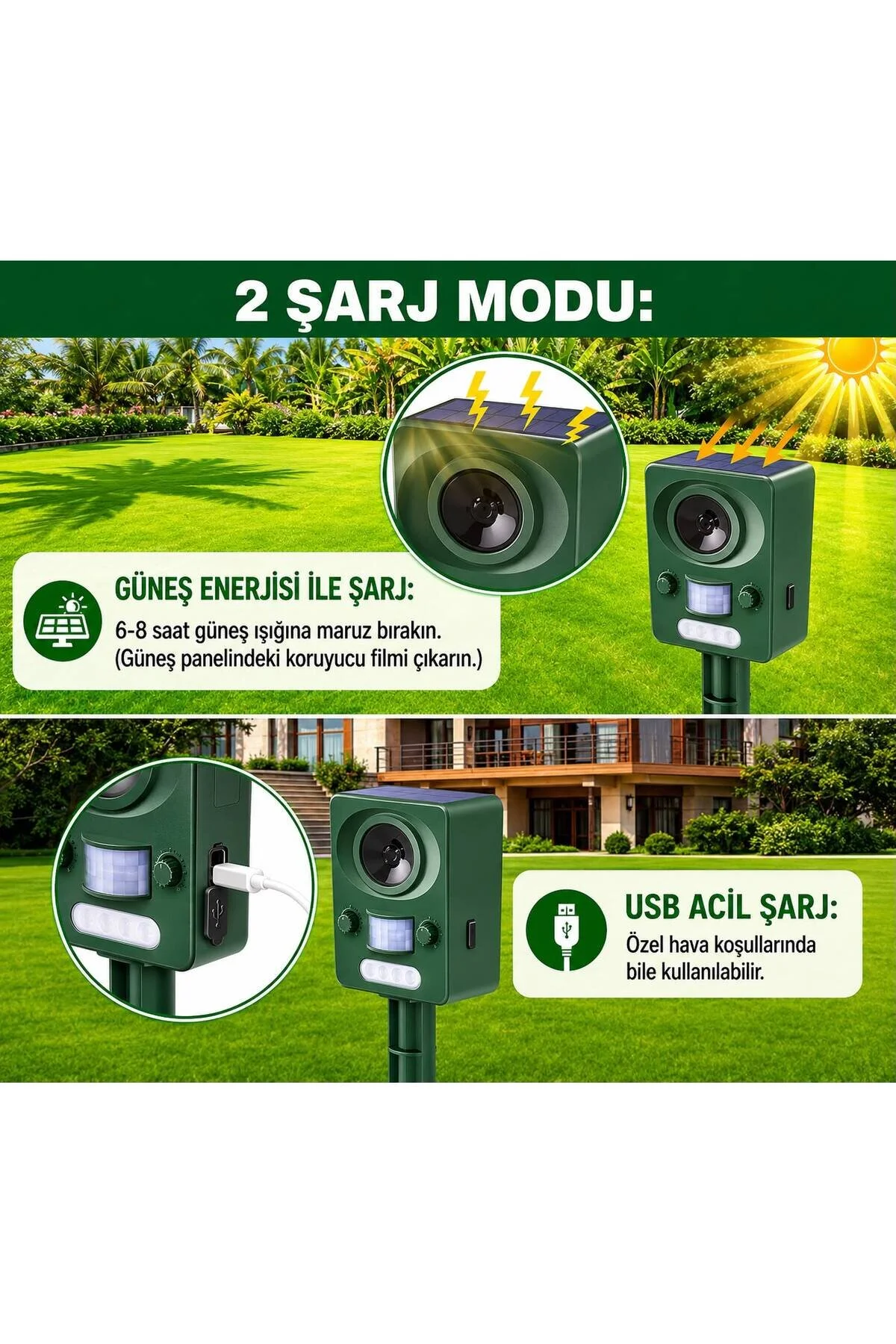 Zigver Ultrasonik Su Geçirmez Güneş Enerjili Hayvan Kovucu Kedi Köpek Tilki Hayvan Kovucu