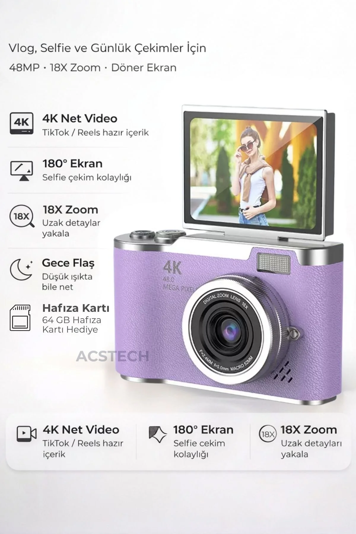 ACSTECH 4K Dijital Fotoğraf Makinesi 48MP Flip Ekran 18X Zoom Flaşlı 64GB Hediyeli Türkçe Menü