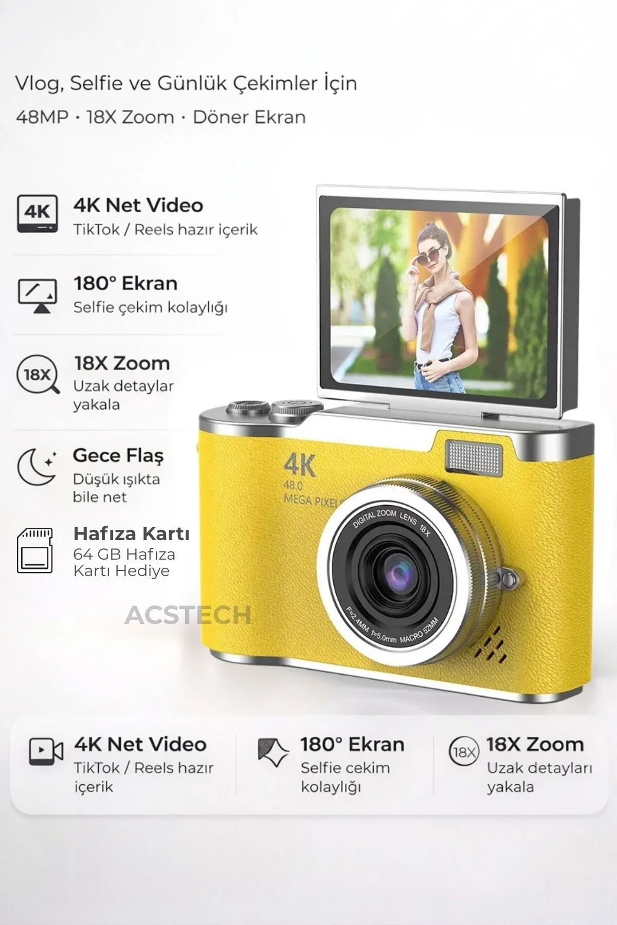ACSTECH 4K Dijital Fotoğraf Makinesi 48MP Flip Ekran 18X Zoom Flaşlı 64GB Hediyeli Türkçe Menü