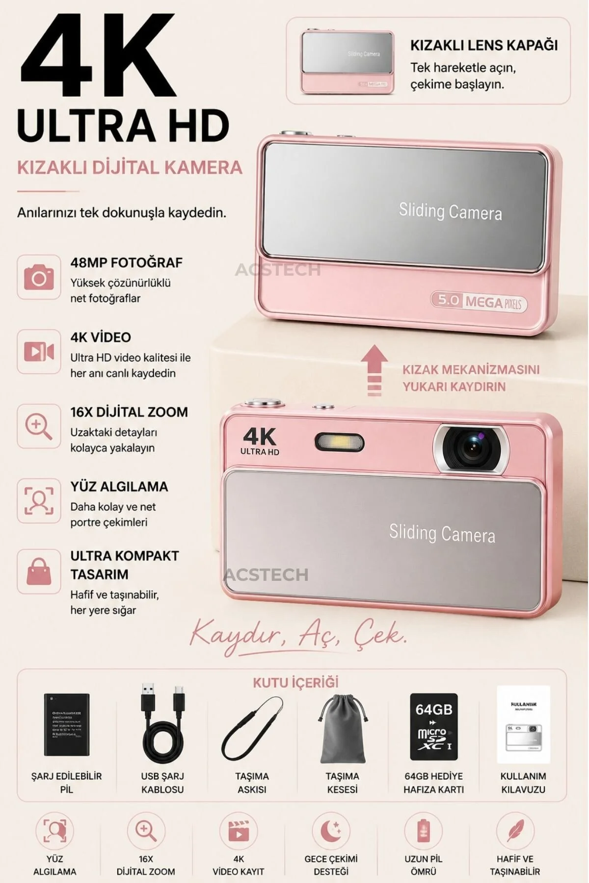 ACSTECH 4K Sliding Dijital Fotoğraf Makinesi | 16X Zoom | 2.8 İnç IPS Ekran | Kızaklı Lens Kapaklı | Type-C Şarj | Yüz Algılama | 64GB SD Kart Hediyeli
