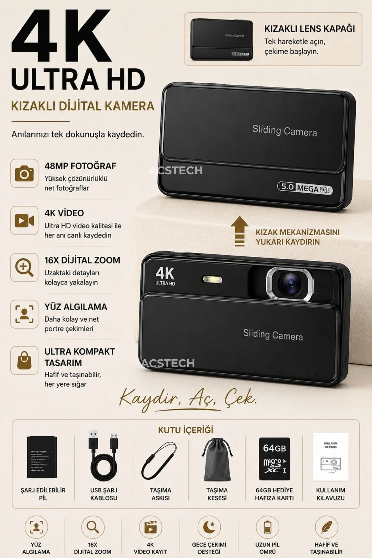 ACSTECH 4K Sliding Dijital Fotoğraf Makinesi | 16X Zoom | 2.8 İnç IPS Ekran | Kızaklı Lens Kapaklı | Type-C Şarj | Yüz Algılama | 64GB SD Kart Hediyeli