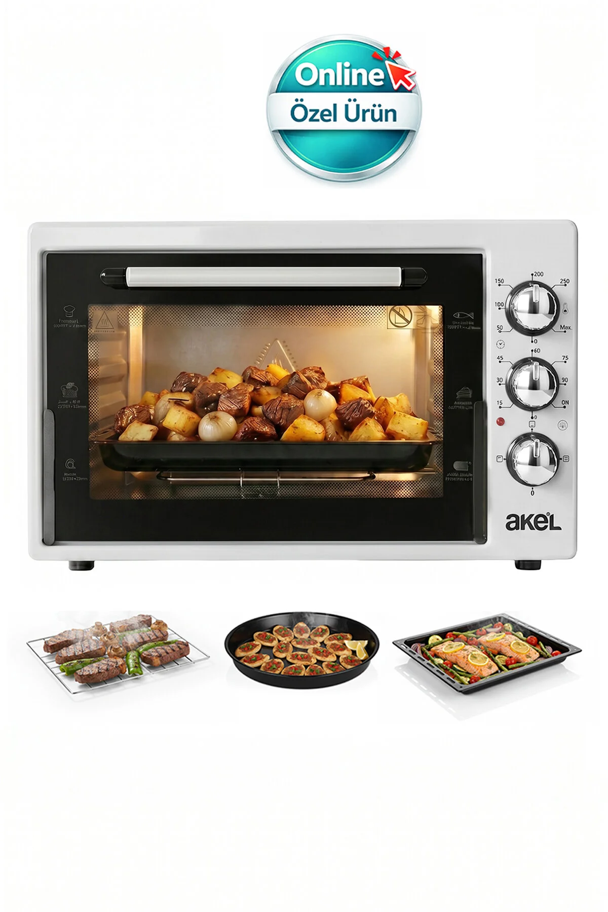 Akel AF340L 34lt Gri Mini/Midi Fırın, Aydınlatmalı, Zaman Ayarlı, Izgara & Fırın, 2 Tepsi 1 Tel Izgara