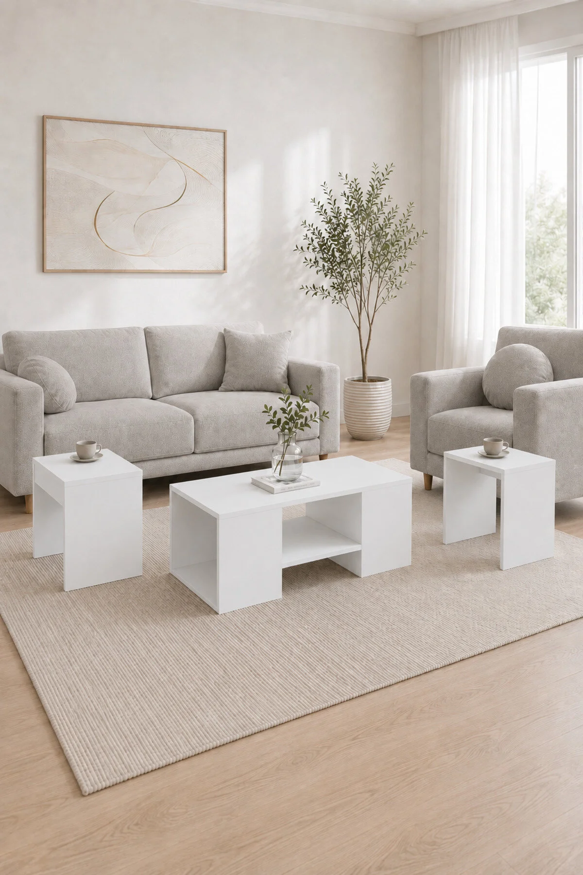 Arnetti Sartos 3'lü Zigon Sehpa Takımı, Atlantik Çam & Bej, Modern Orta Sehpa, Salon ve Yan Sehpa Seti