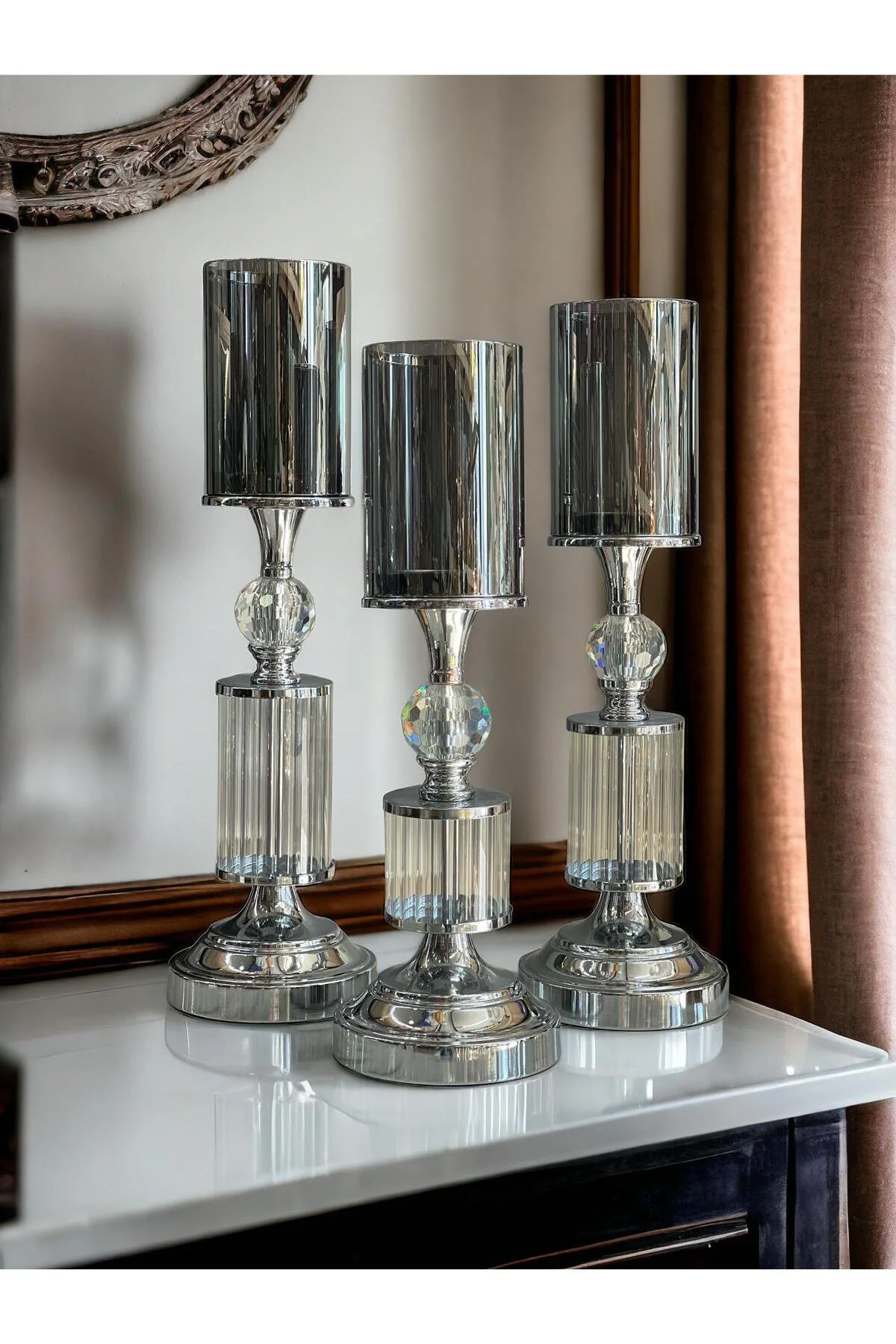 ArzzHome Dekoratif 3 Lü Kristal Şamdan & Mumluk Rose Gold