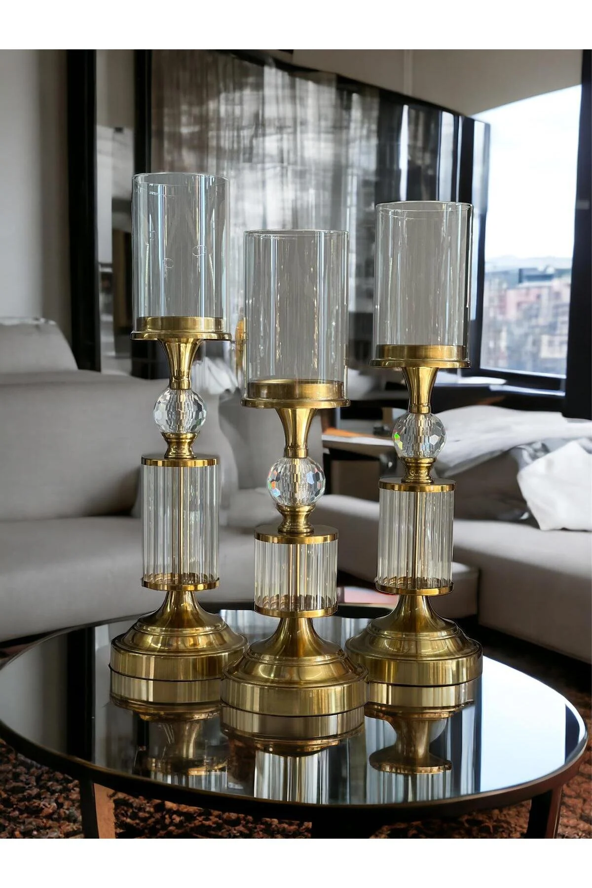 ArzzHome Dekoratif 3 Lü Kristal Şamdan & Mumluk Rose Gold
