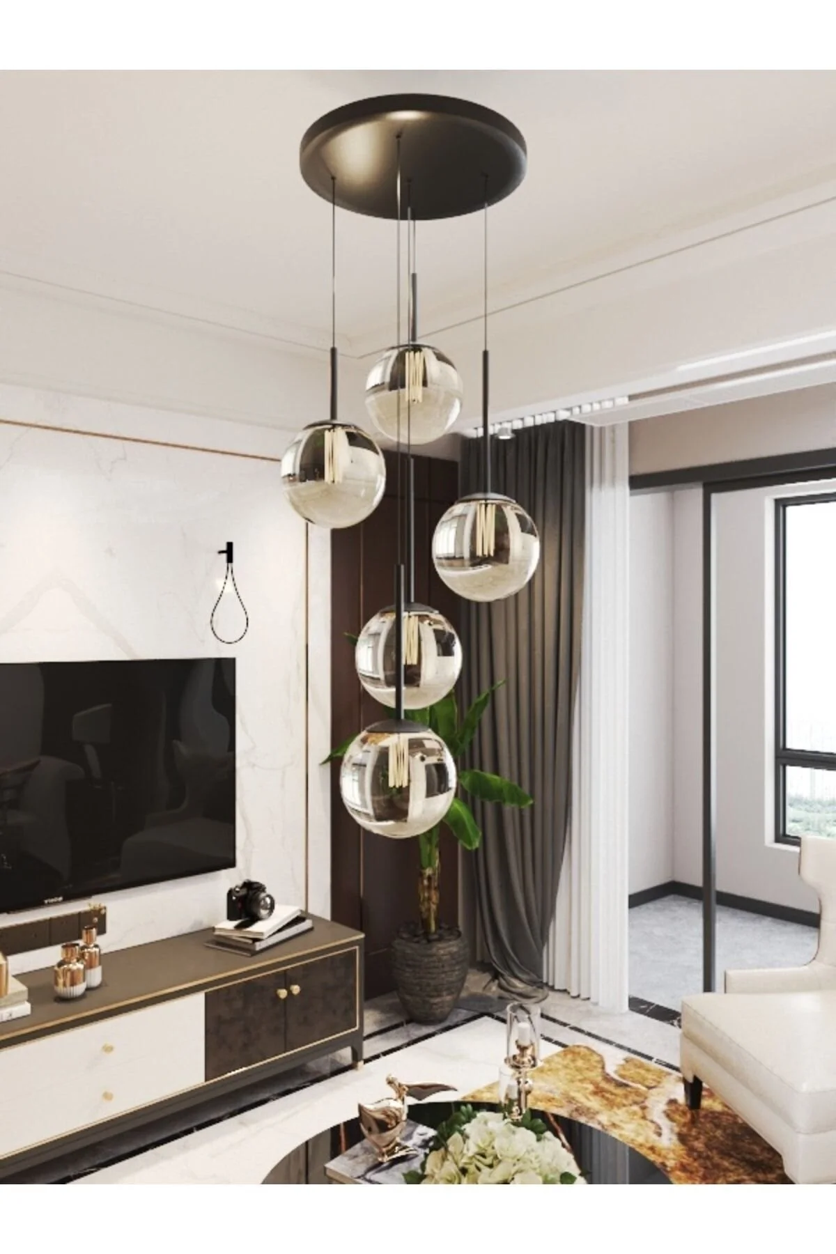 avizade DORA 5'li Eskitme Metal Bal Cam Küre Sıralı Sarkıt Avize – Modern Dekoratif Yemek Masası Avizesi, Salon ve Mutfak Ada Aydınlatması, Tavan Aydınlatması, E27 Duy Uyumlu