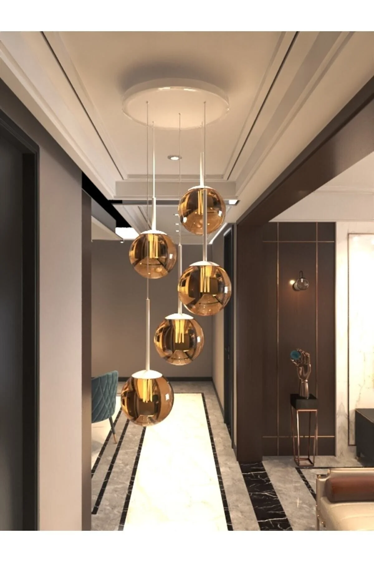 avizade DORA 5'li Eskitme Metal Bal Cam Küre Sıralı Sarkıt Avize – Modern Dekoratif Yemek Masası Avizesi, Salon ve Mutfak Ada Aydınlatması, Tavan Aydınlatması, E27 Duy Uyumlu